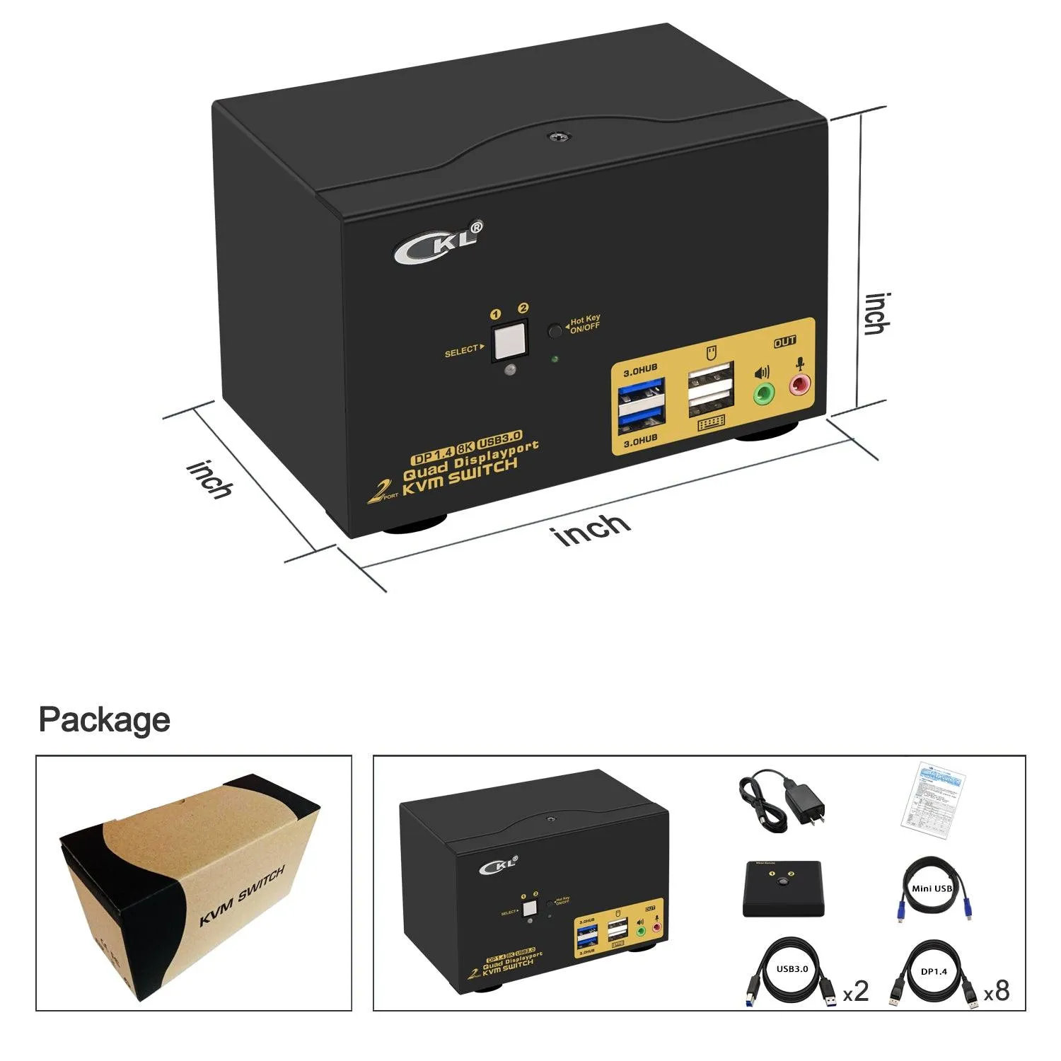 2 Port USB 3.0 KVM Switch Quad Monitor DisplayPort 1.4 8K@30Hz 4K@144Hz for 2 Computers 4 Monitors CKL-624DP-4