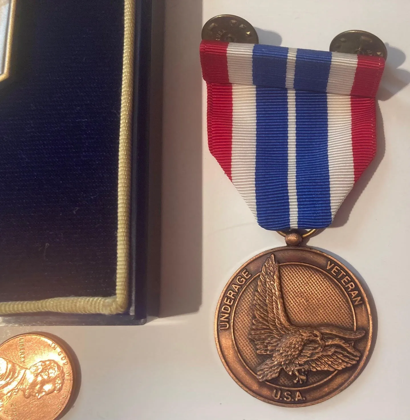 2 Vintage Metal Set of 2 Military Medals, Nice Box Case, Wall Hanging Case, For Military Merit, Meritoriously Underage Service