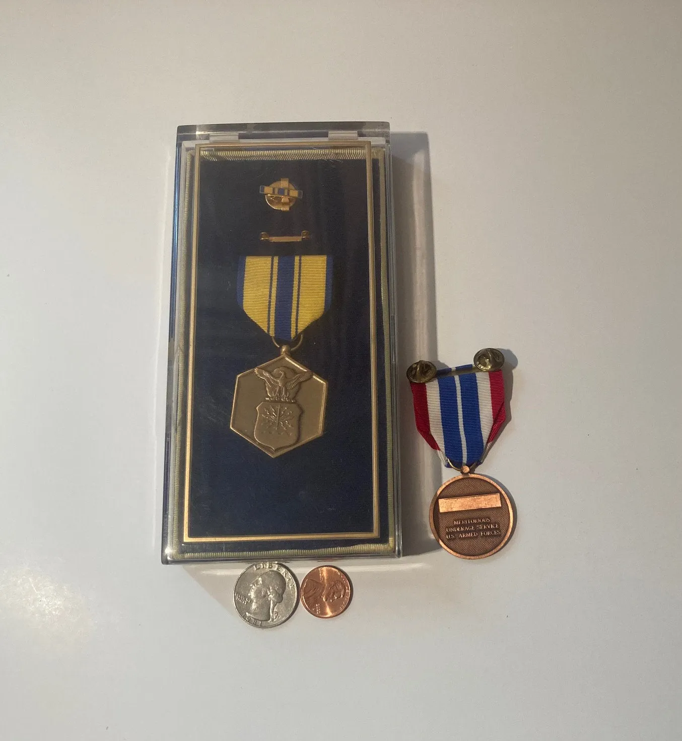 2 Vintage Metal Set of 2 Military Medals, Nice Box Case, Wall Hanging Case, For Military Merit, Meritoriously Underage Service