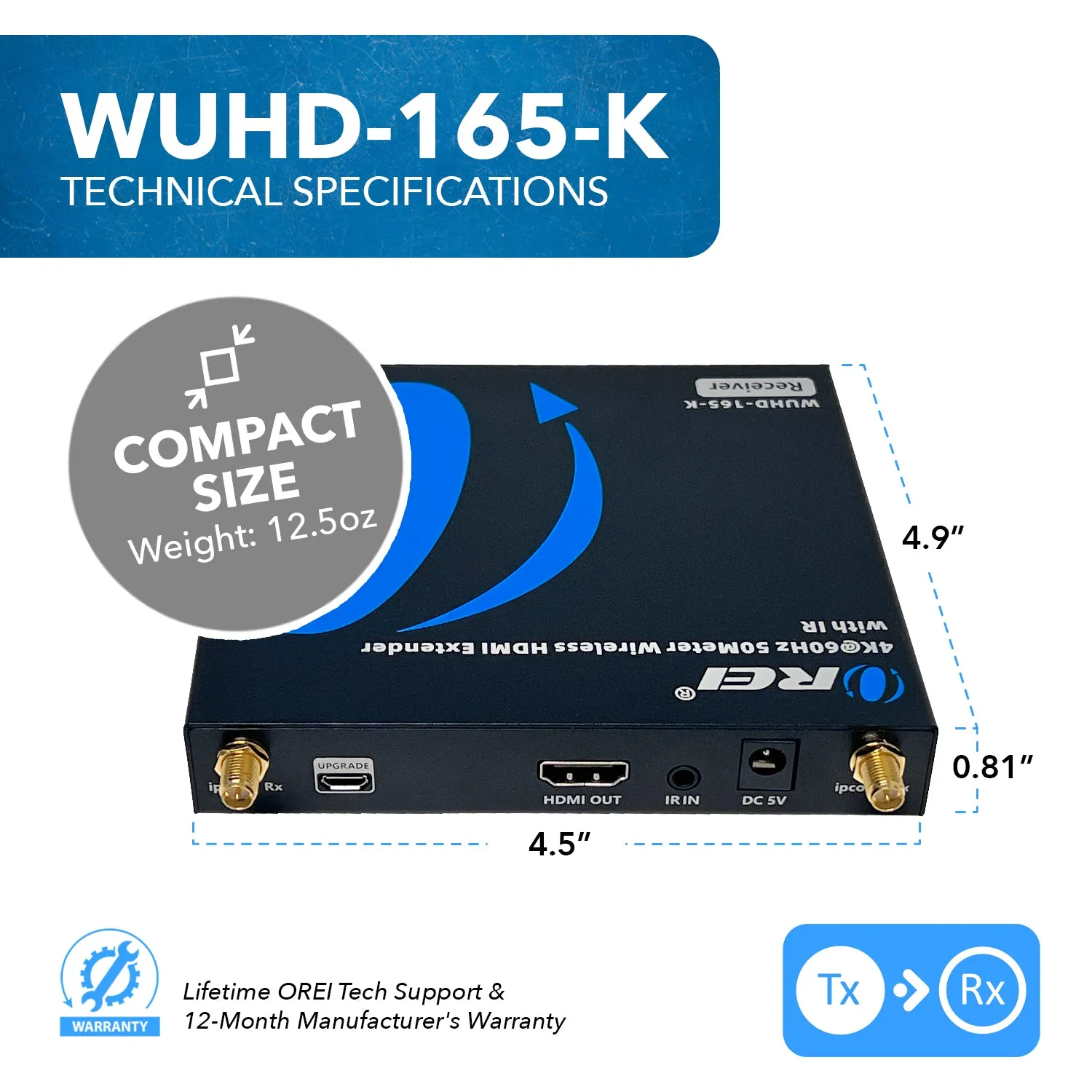 4K@60Hz Wireless HDMI Extender up to 165 feet with IR (WUHD-165-K)