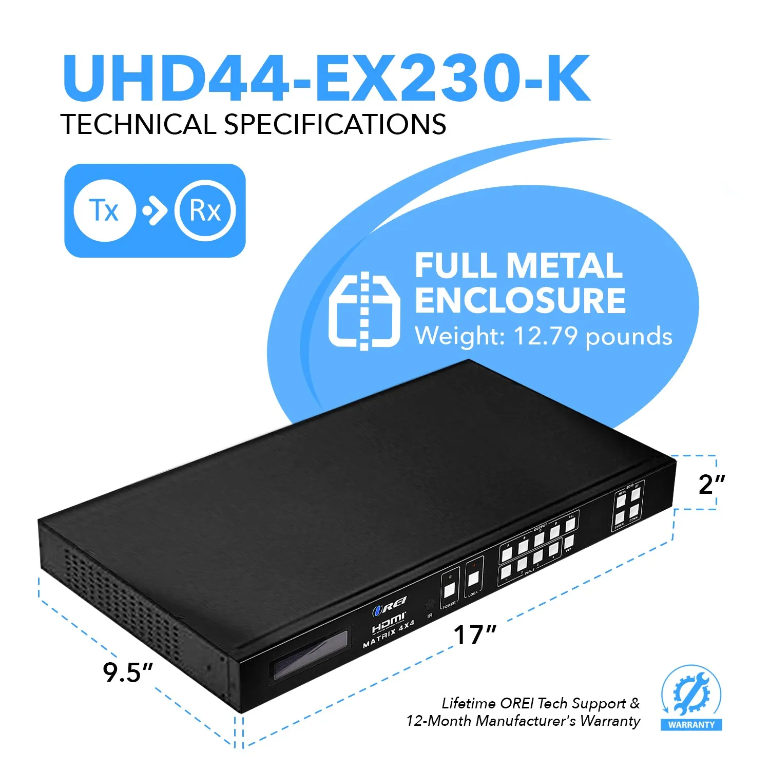 4x4 HDMI Matrix Switcher Extender & HDBaseT Over CAT5e/6/7 Cable (UHD44-EX230-K)