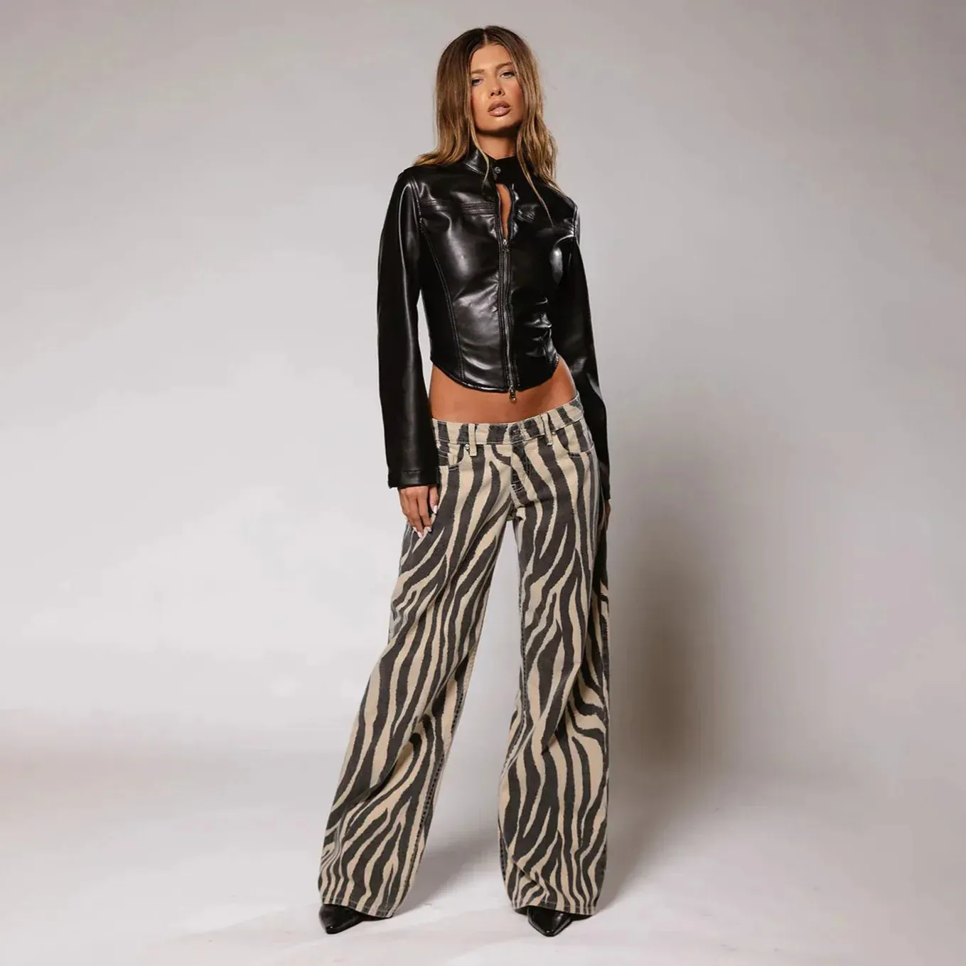 Amozae-Fashionable Low-Waist Straight-Leg Jeans Women's Casual Denim Pants With Cross-Border Zebra Print For Autumn Street Style