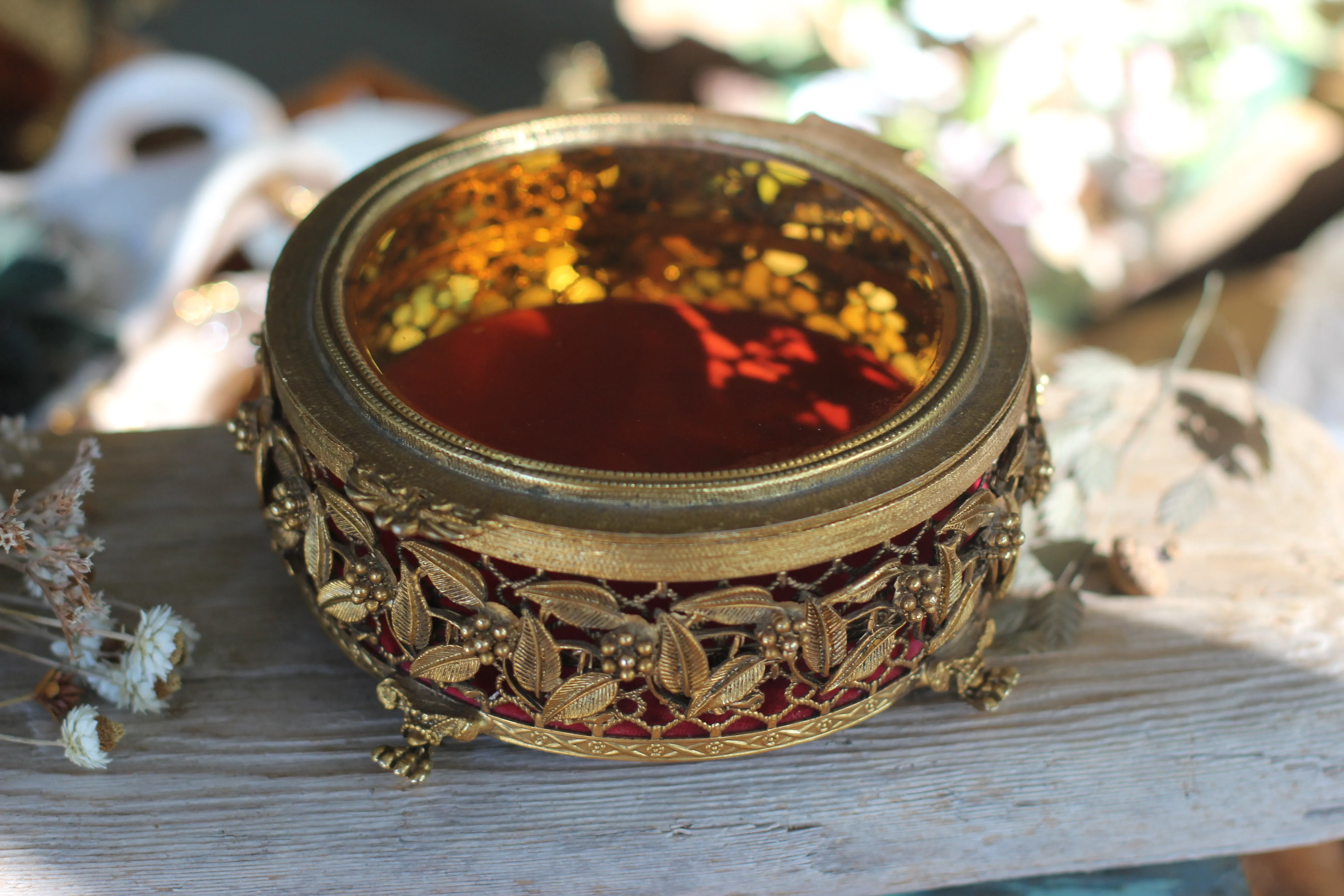 Antique Red Velvet Claw Feet Jewelry Box