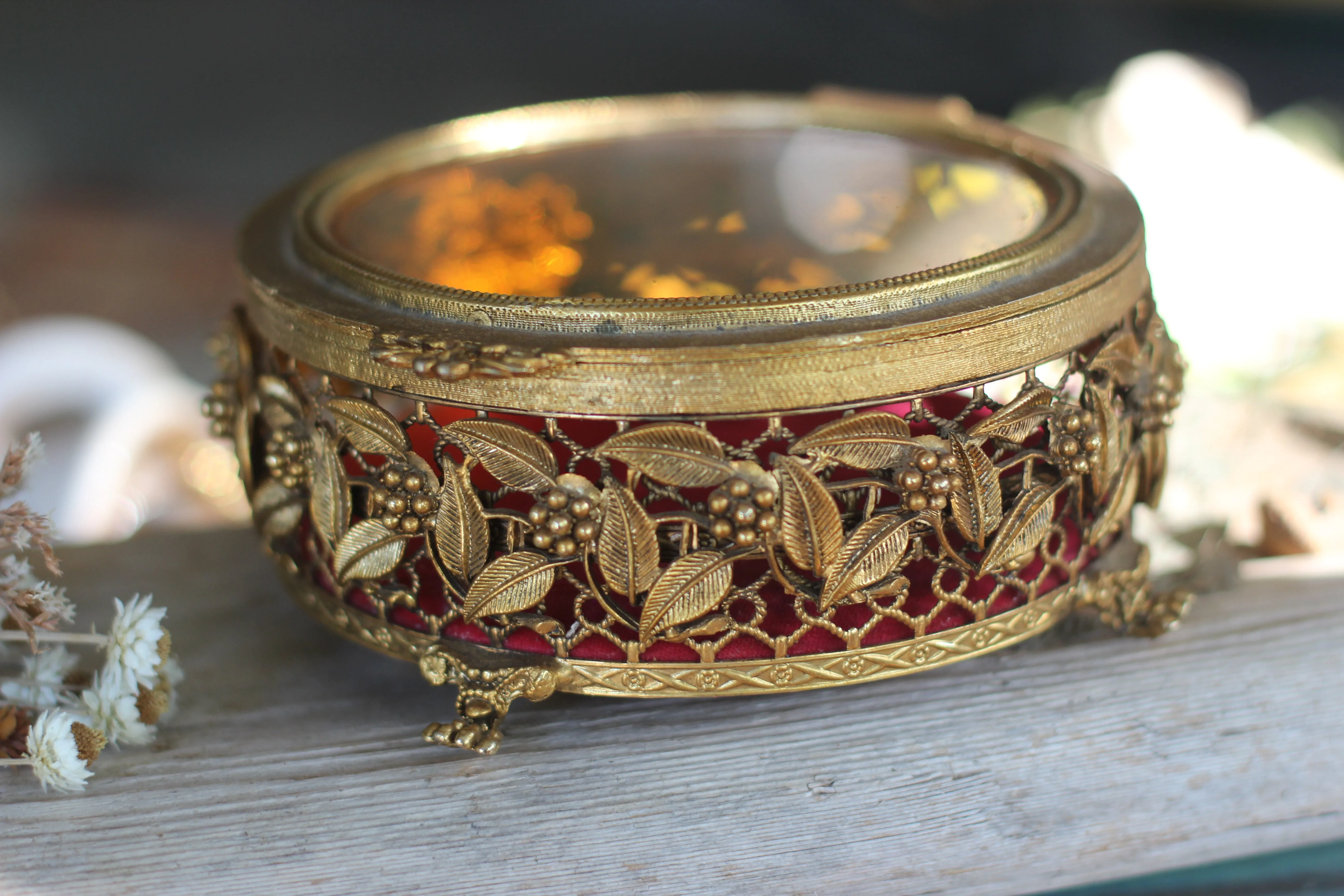 Antique Red Velvet Claw Feet Jewelry Box