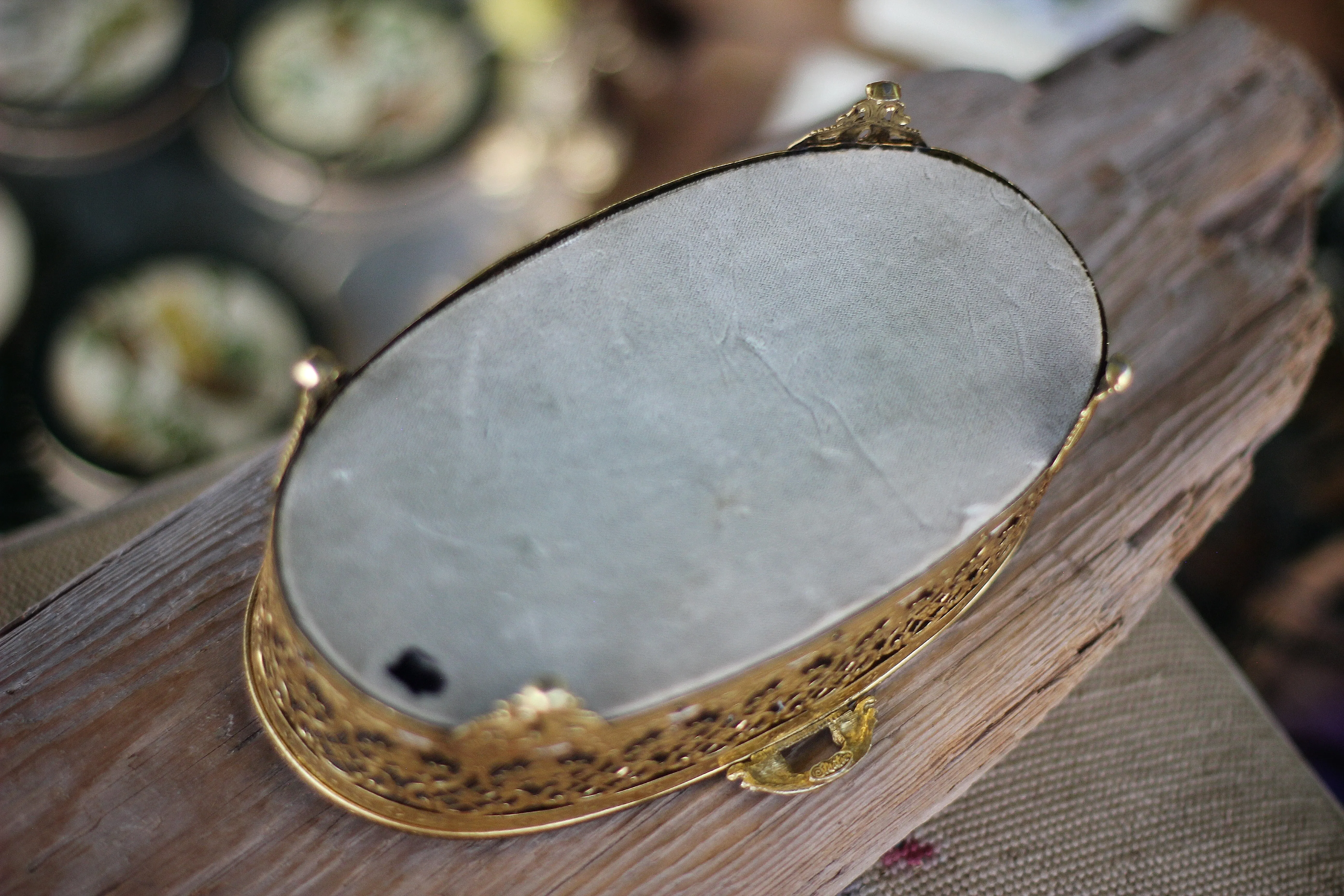 Antique Turquoise Oval Birds & dogwood Jewelry Box