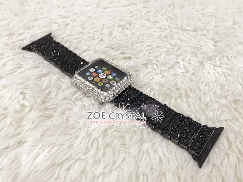 Apple Watch Bling BEDAZZLED Clear white Swarovski Crystal Case Protector Cover Luxury with a Black Rhinestone iWatch Band Strap