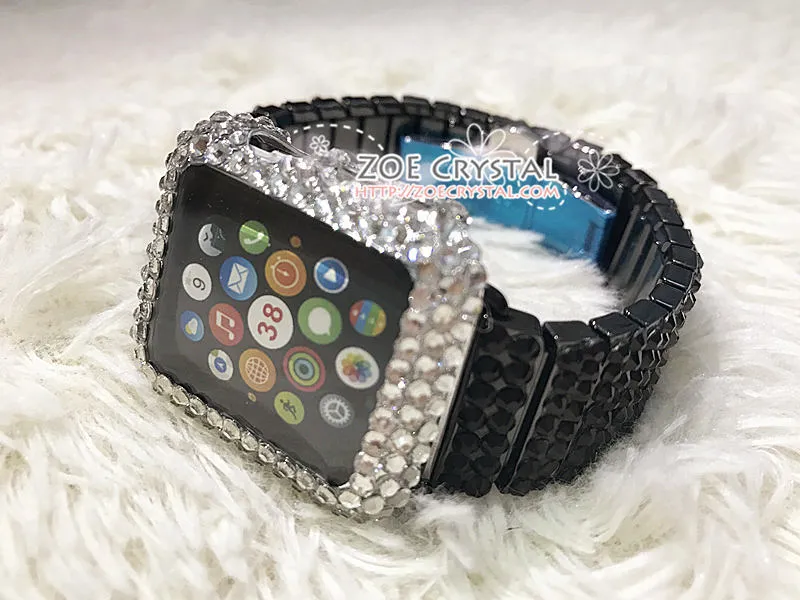 Apple Watch Bling BEDAZZLED Clear white Swarovski Crystal Case Protector Cover Luxury with a Black Rhinestone iWatch Band Strap