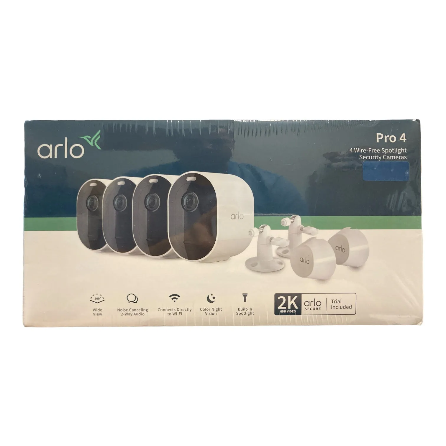 Arlo Pro 4, 2K Spotlight Camera Security Bundle, 4 Cam, White