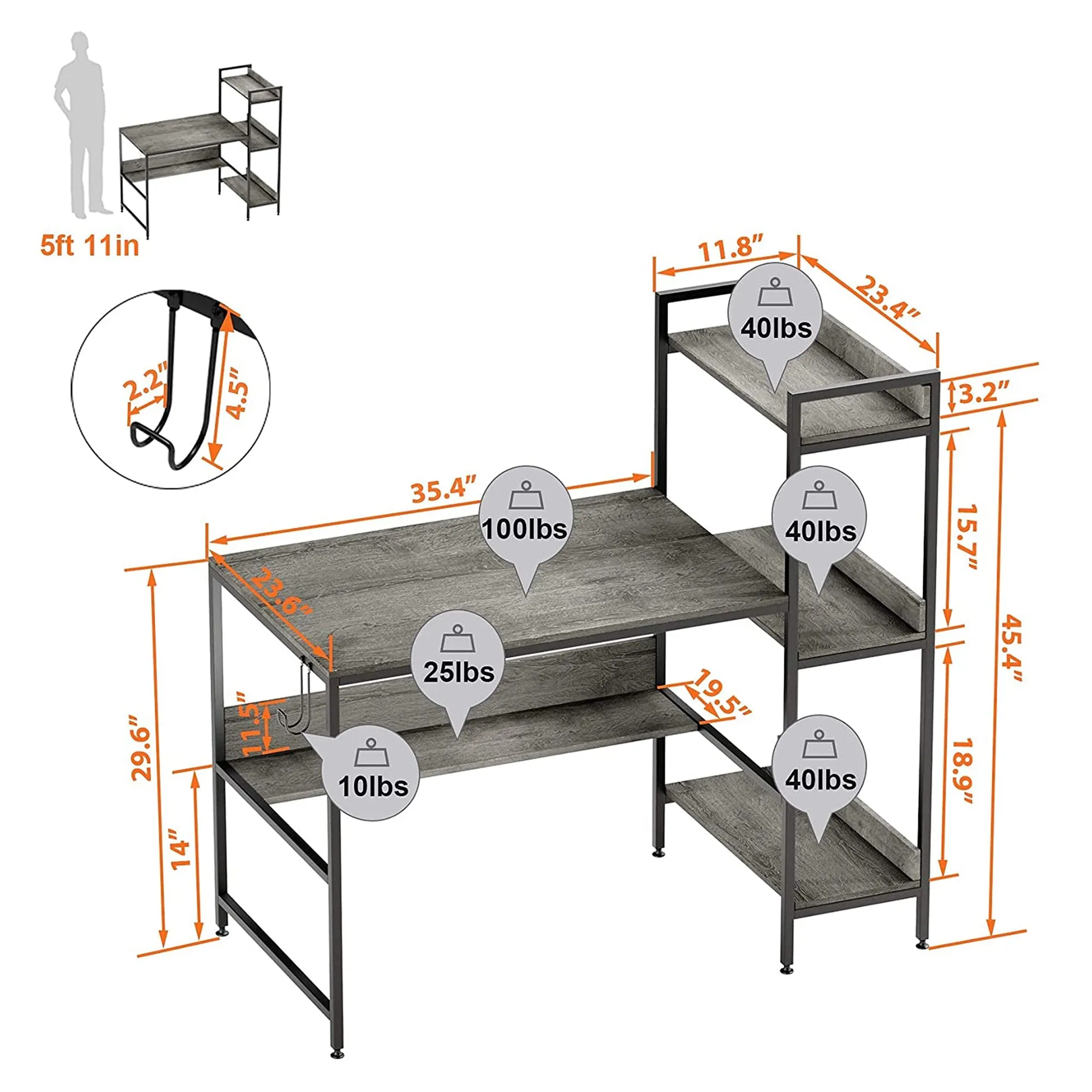 Bestier Computer Office Workstation with Side Storage Shelves, Grey (Open Box)