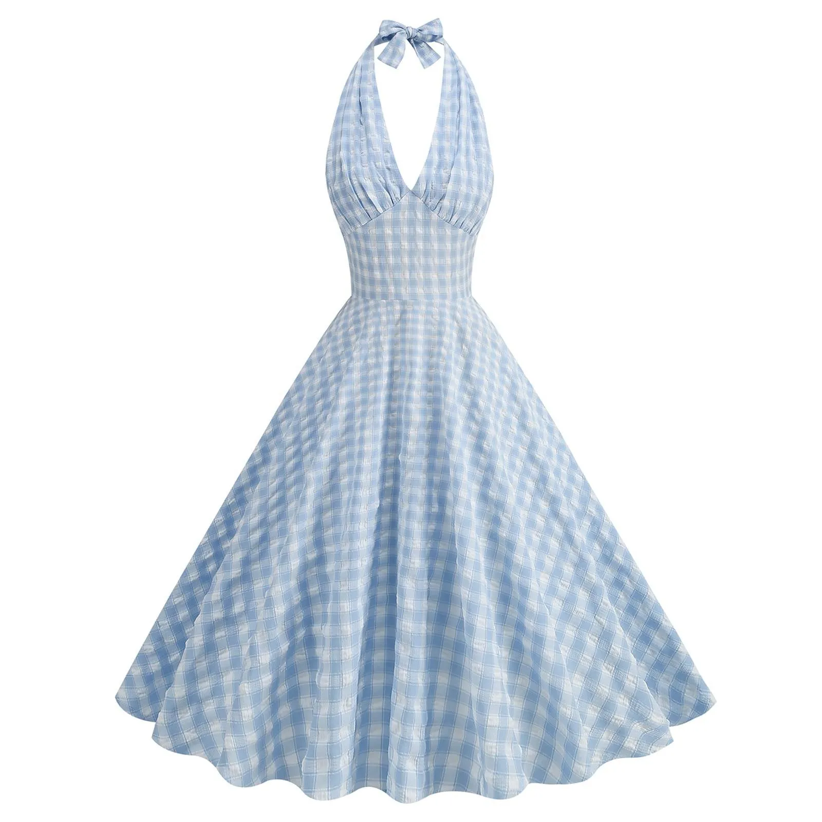 Blue Halter Plaid Swing Dress