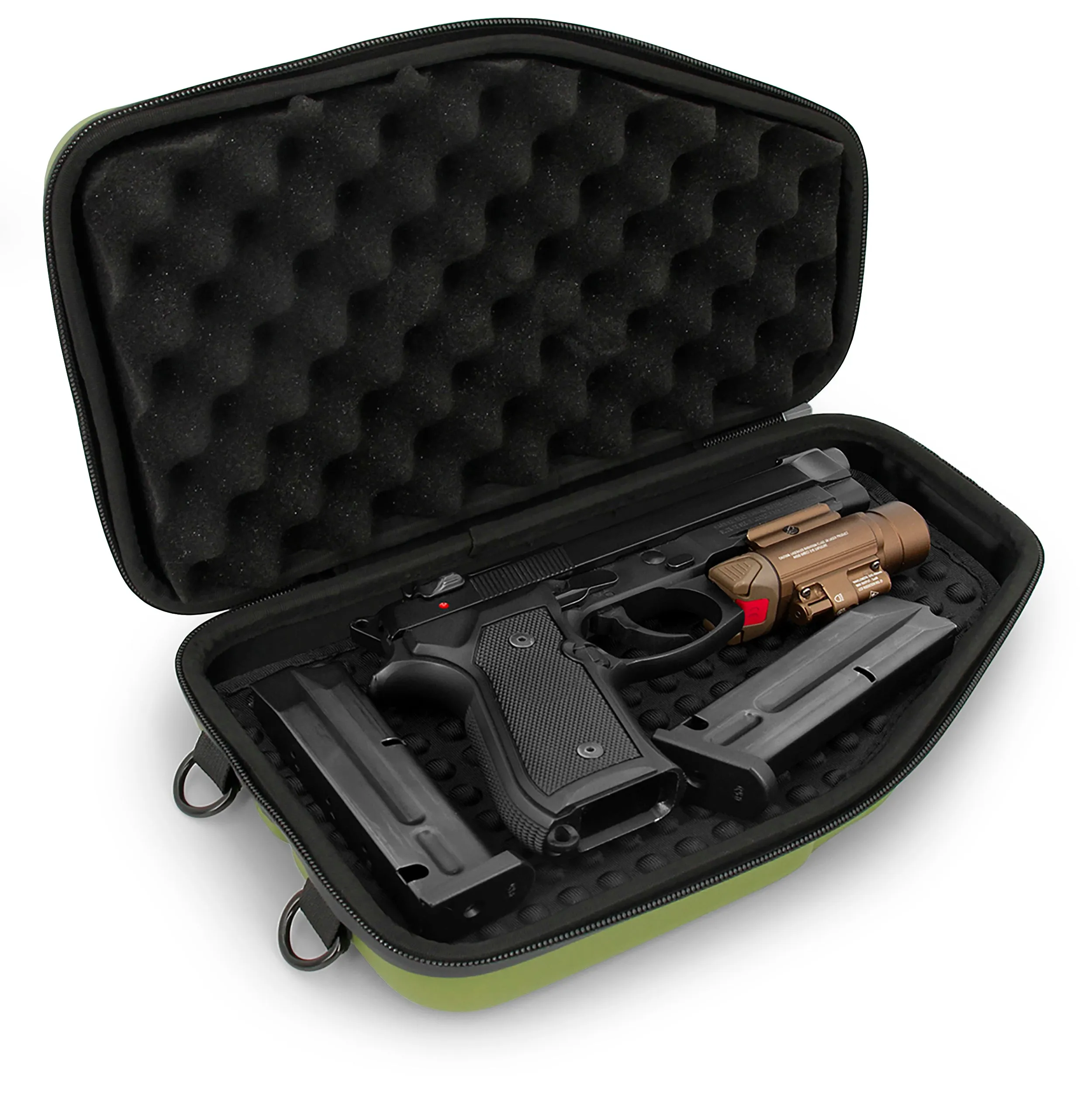 CASEMATIX Locking Pistol Case Fits Small to Large 9mm Pistols with Room For Extra Clips and Attachments - Premium Green Handgun Case with Lock Zippers