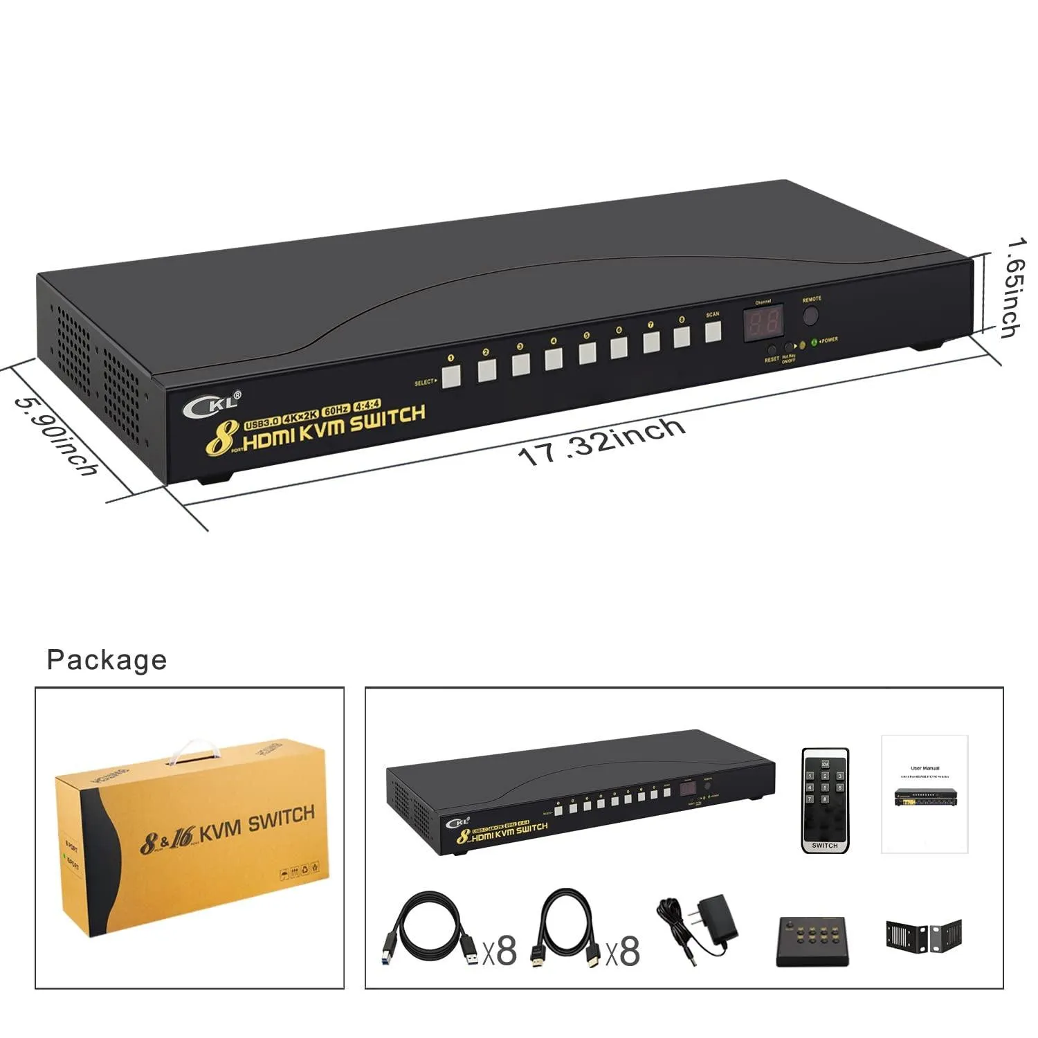 CKL 8 Port Rack Mount USB 3.0 KVM Switch HDMI 4K@60Hz with Audio, Cables and 2 Extra USB 3.0 Hub for 8 Computers Sharing Single Monitor (CKL-9138H-3)