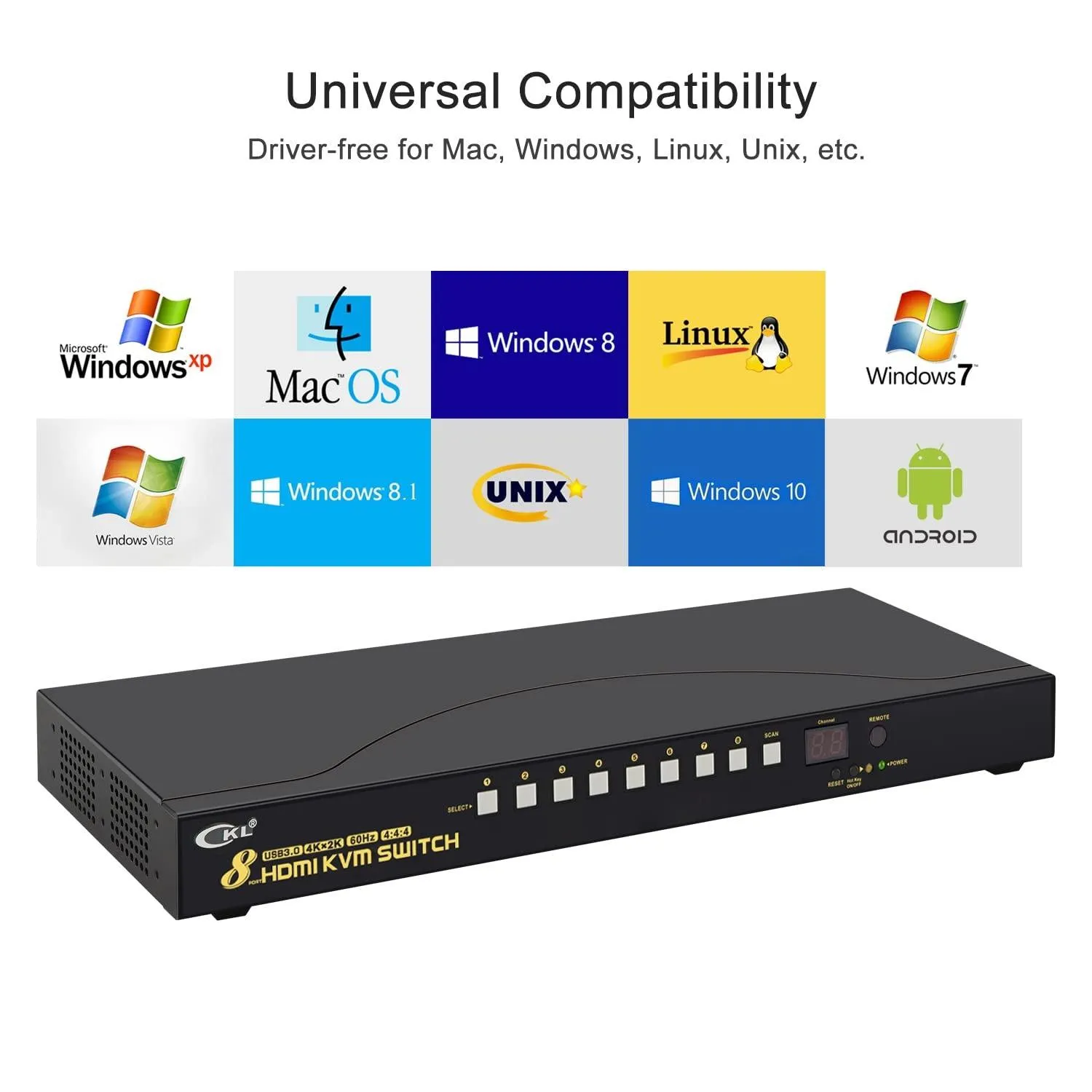 CKL 8 Port Rack Mount USB 3.0 KVM Switch HDMI 4K@60Hz with Audio, Cables and 2 Extra USB 3.0 Hub for 8 Computers Sharing Single Monitor (CKL-9138H-3)