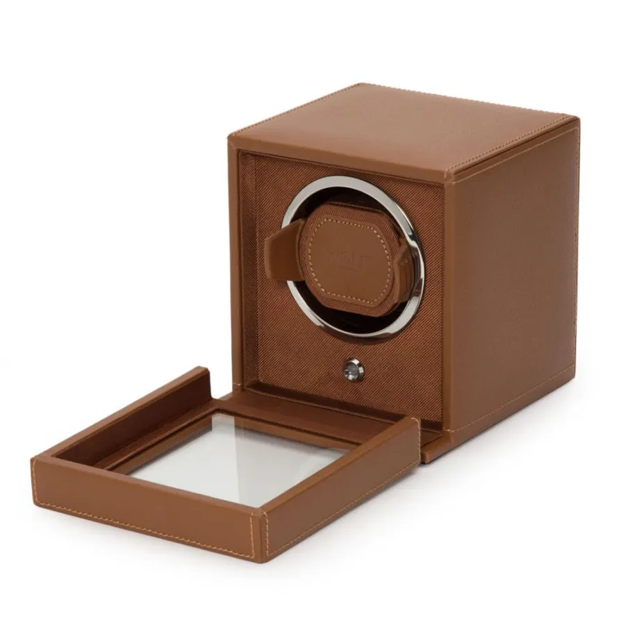 Cub Single Watch Winder with Cover in Cognac