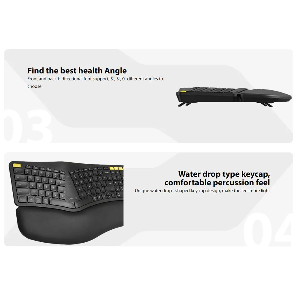 Delux GM902PRO A Wireless Bluetooth Ergonomic Split Keyboard 2.4G Rechargeable with Leather Palm Rest, 101 US Layout Keys, USB Nano Receiver, White Backlight, 5 Outstanding Yellow Keys, 1.5m Type C Cable for Windows and macOS