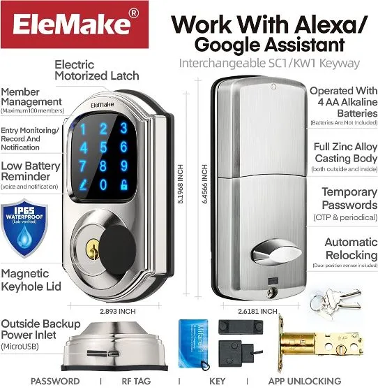 (Electronics) Smart Door Lock/5 in 1 Keyless Entry Door Lock/Wi-Fi Smart Deadbolt/Bluetooth Touchscreen Keypad (Gateway Not Included)