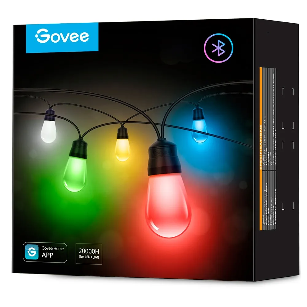 Govee RGBW 14m Bluetooth & Wi-Fi Outdoor String Lights - Sort