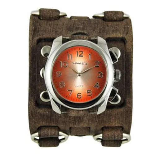 Gradient Orange/Silver Watch with Bullet Ring Distressed Brown Leather Triple Strap Cuff