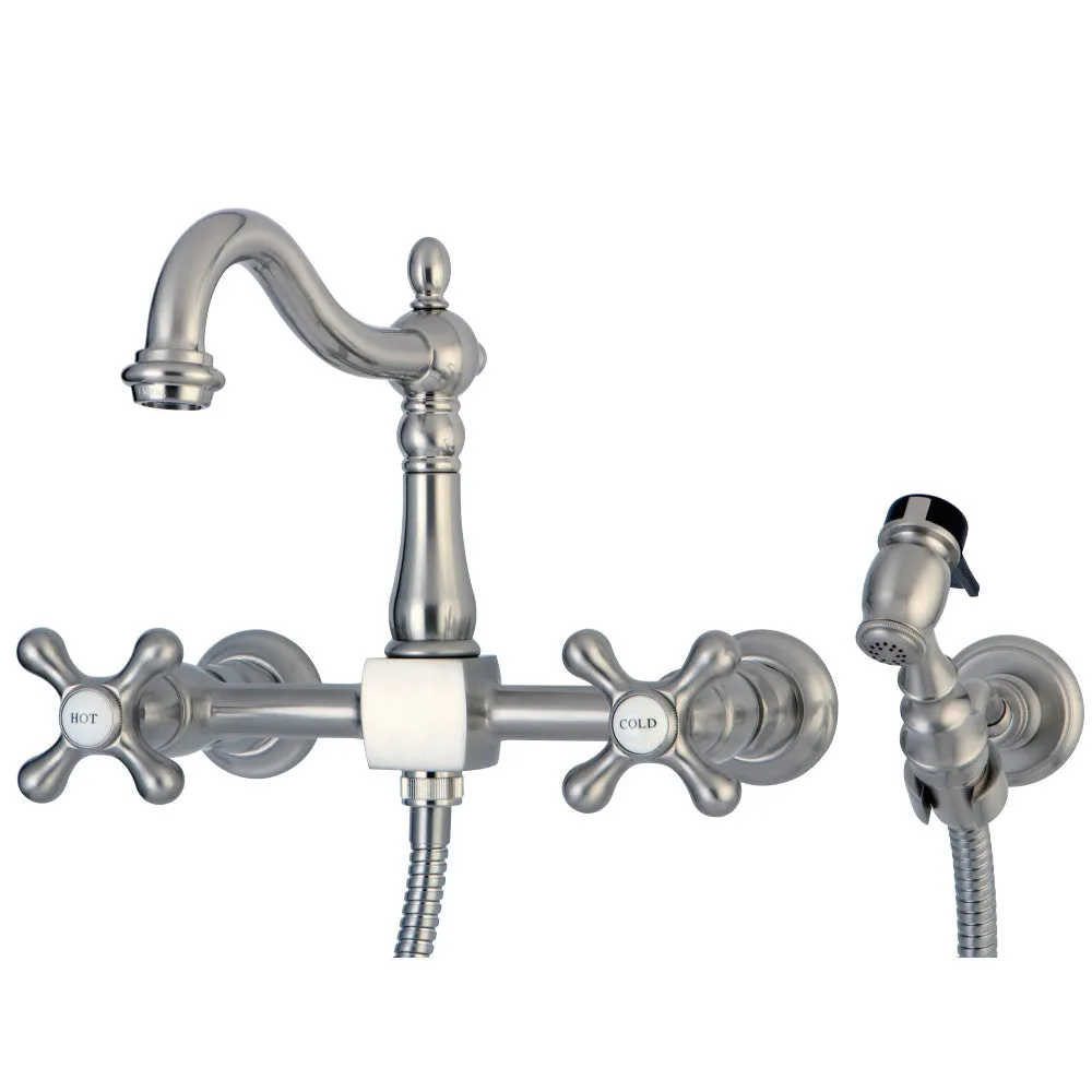 Heritage Wall Mount Bridge Kitchen Faucet with Brass Sprayer