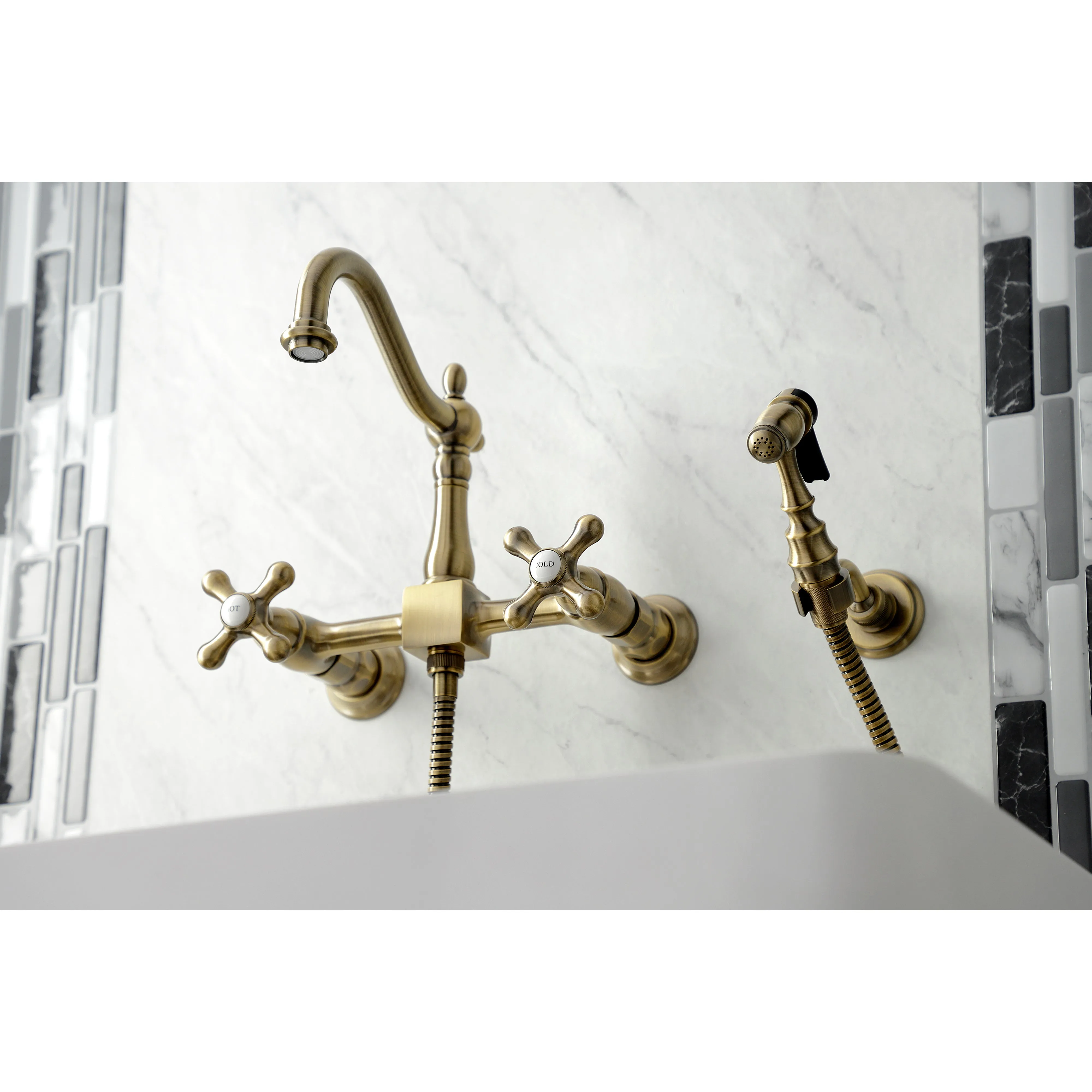 Heritage Wall Mount Bridge Kitchen Faucet with Brass Sprayer