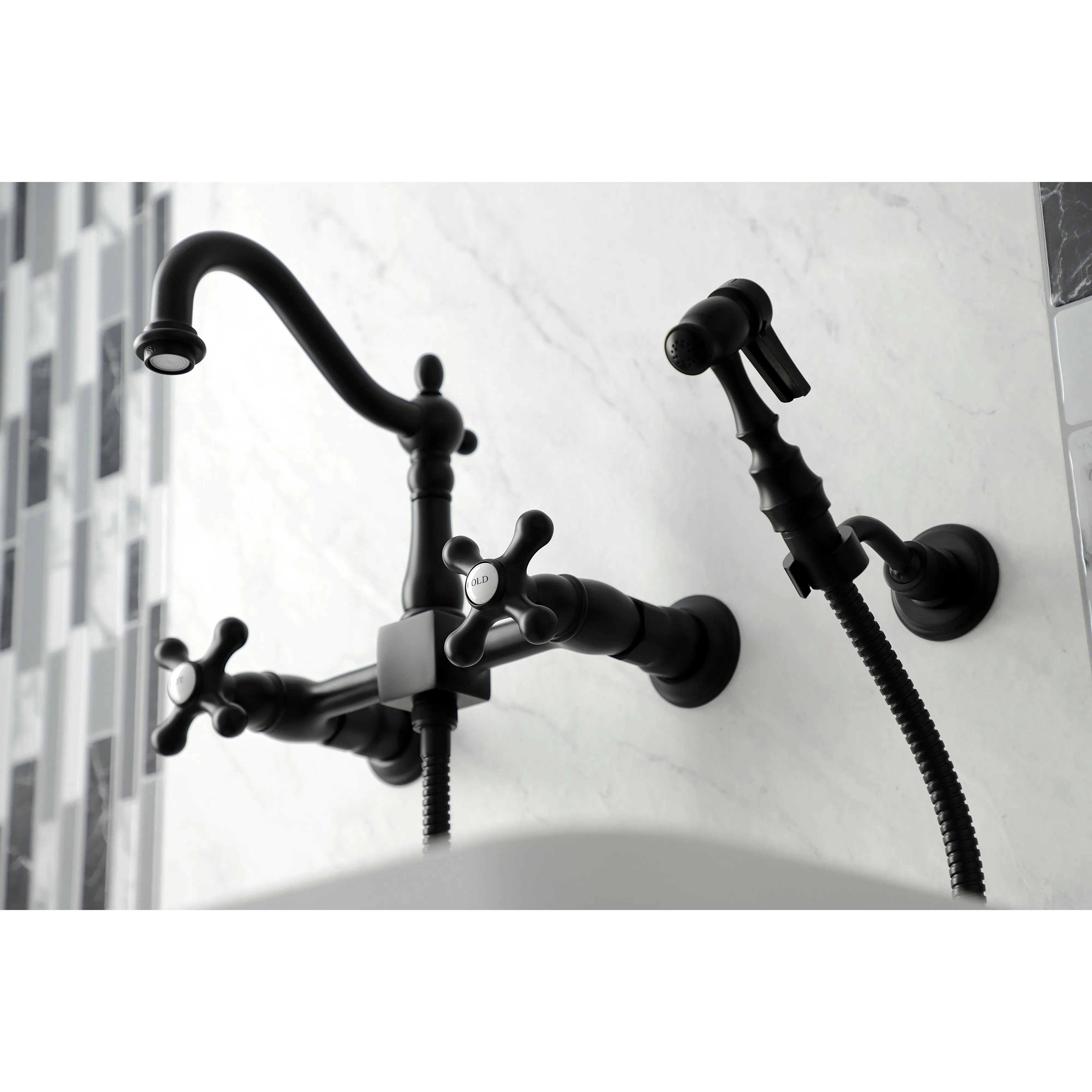 Heritage Wall Mount Bridge Kitchen Faucet with Brass Sprayer