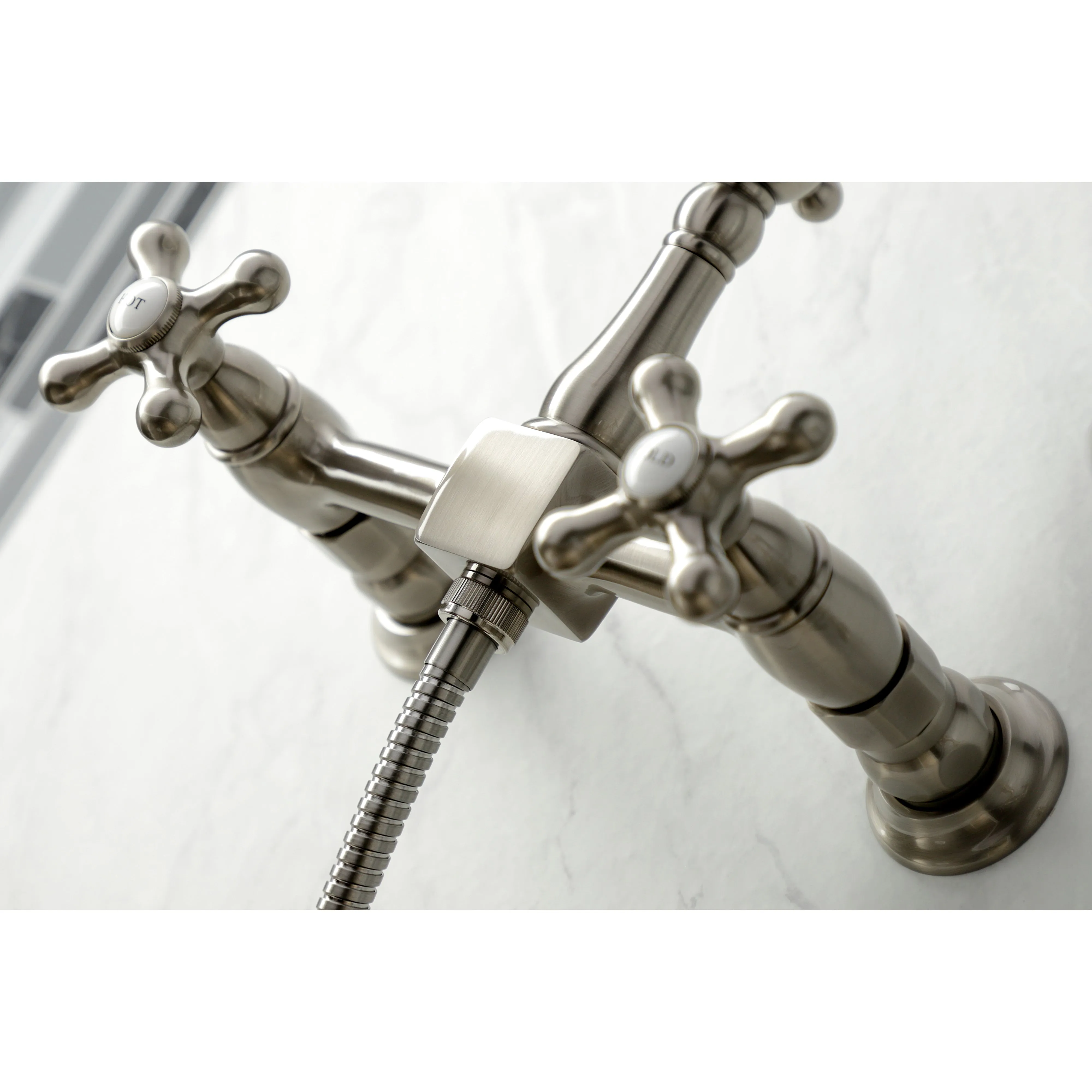 Heritage Wall Mount Bridge Kitchen Faucet with Brass Sprayer