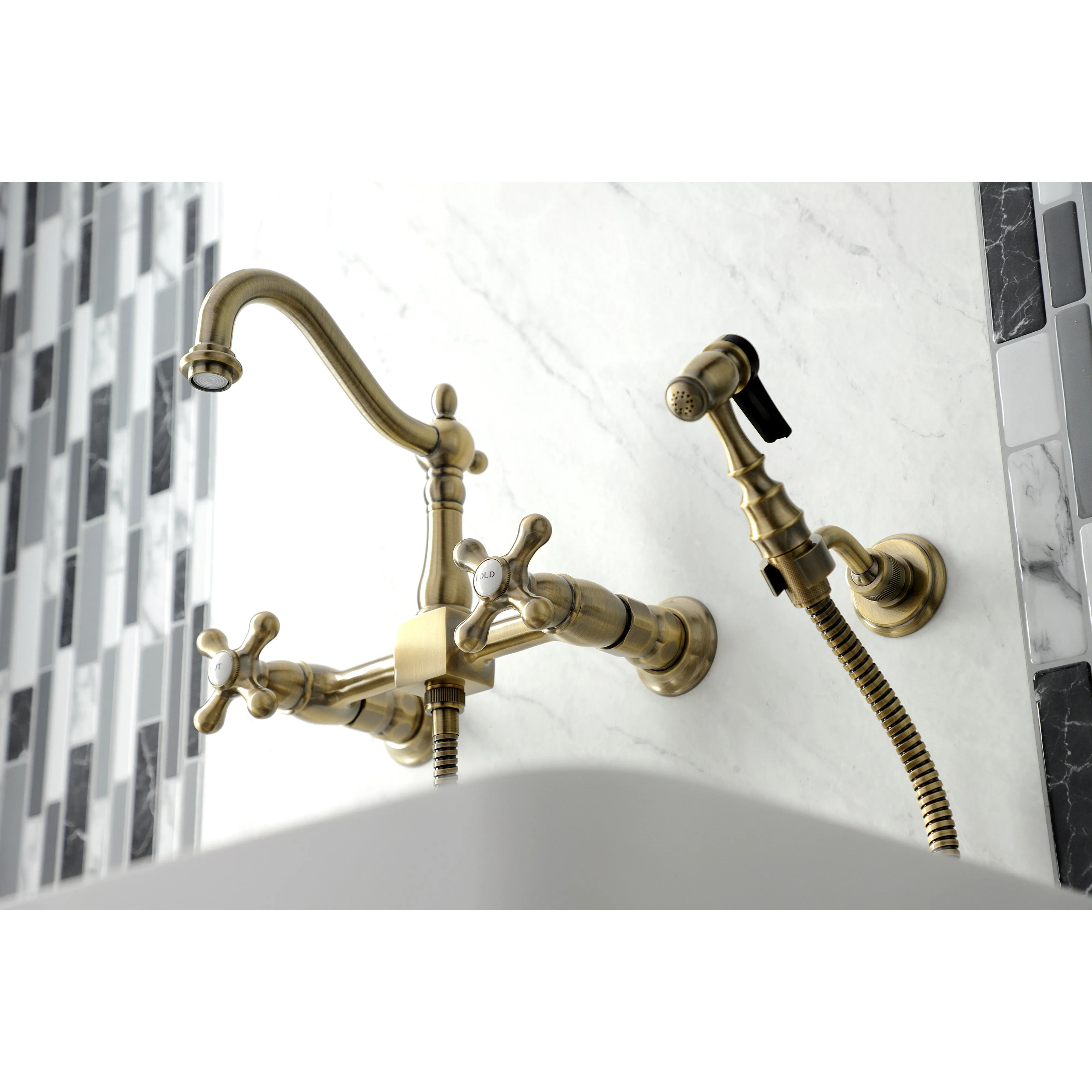 Heritage Wall Mount Bridge Kitchen Faucet with Brass Sprayer