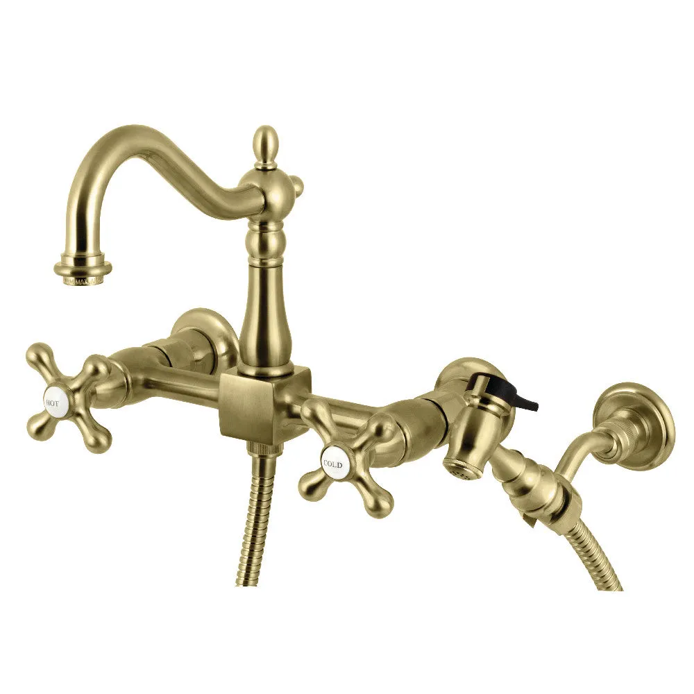 Heritage Wall Mount Bridge Kitchen Faucet with Brass Sprayer