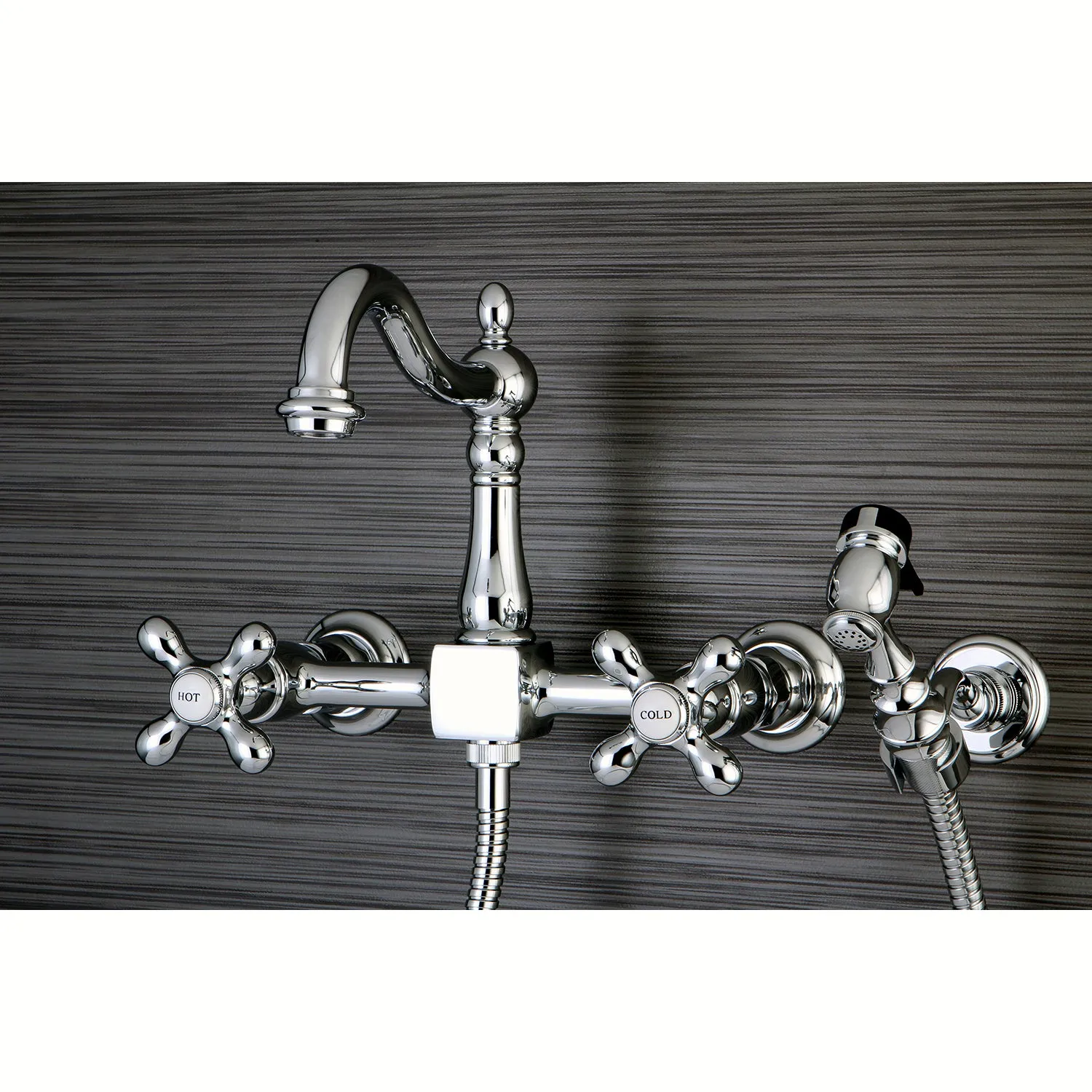 Heritage Wall Mount Bridge Kitchen Faucet with Brass Sprayer