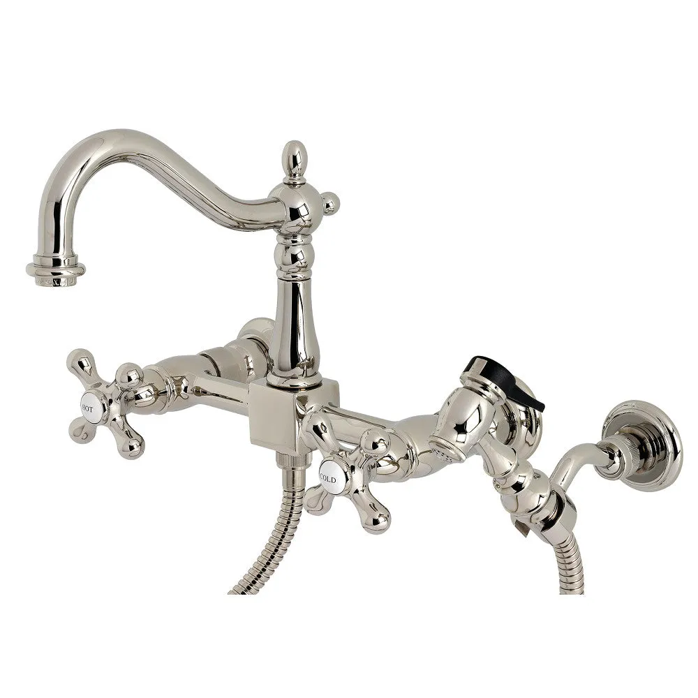 Heritage Wall Mount Bridge Kitchen Faucet with Brass Sprayer