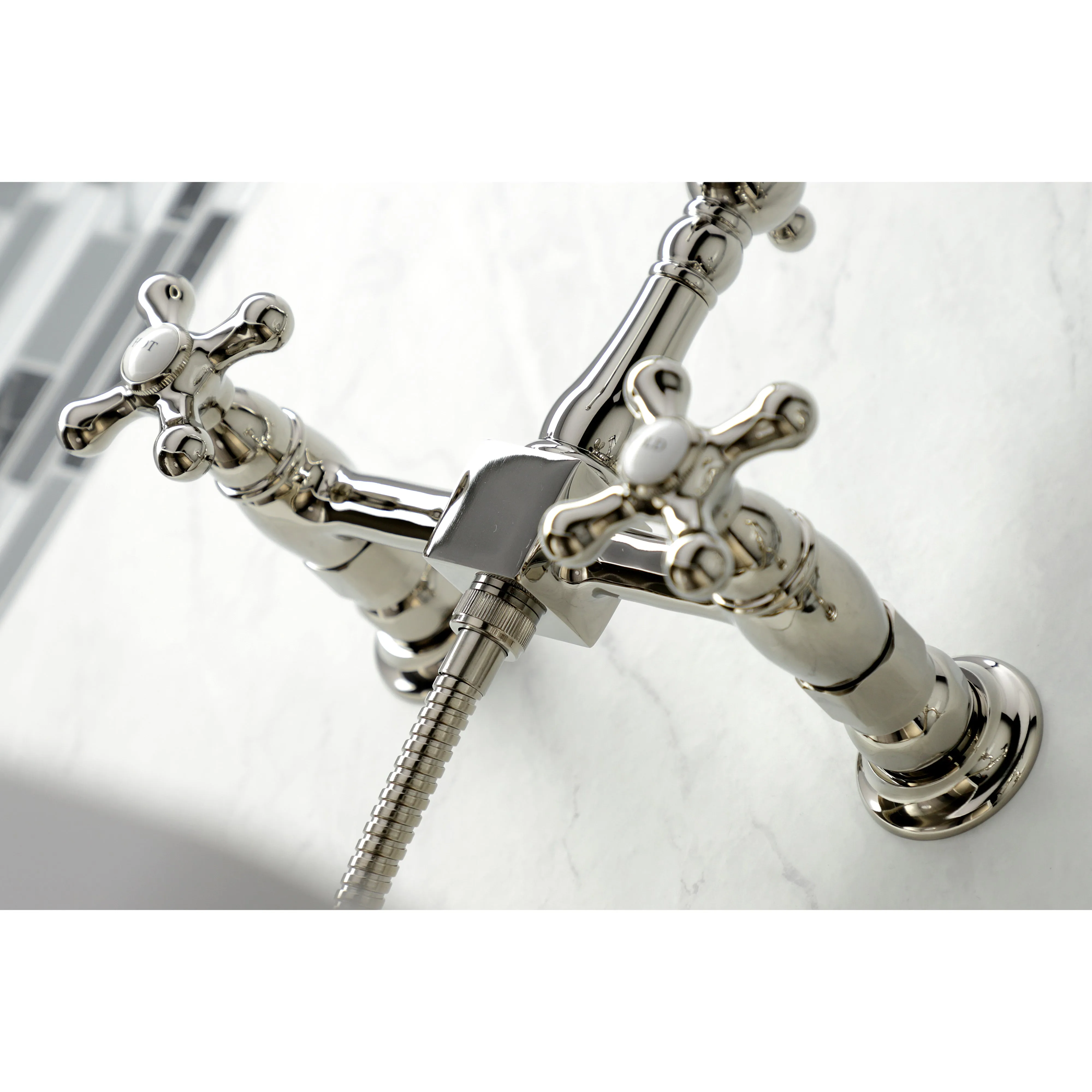 Heritage Wall Mount Bridge Kitchen Faucet with Brass Sprayer