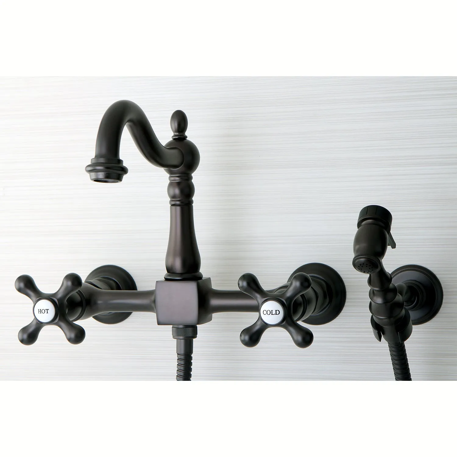 Heritage Wall Mount Bridge Kitchen Faucet with Brass Sprayer