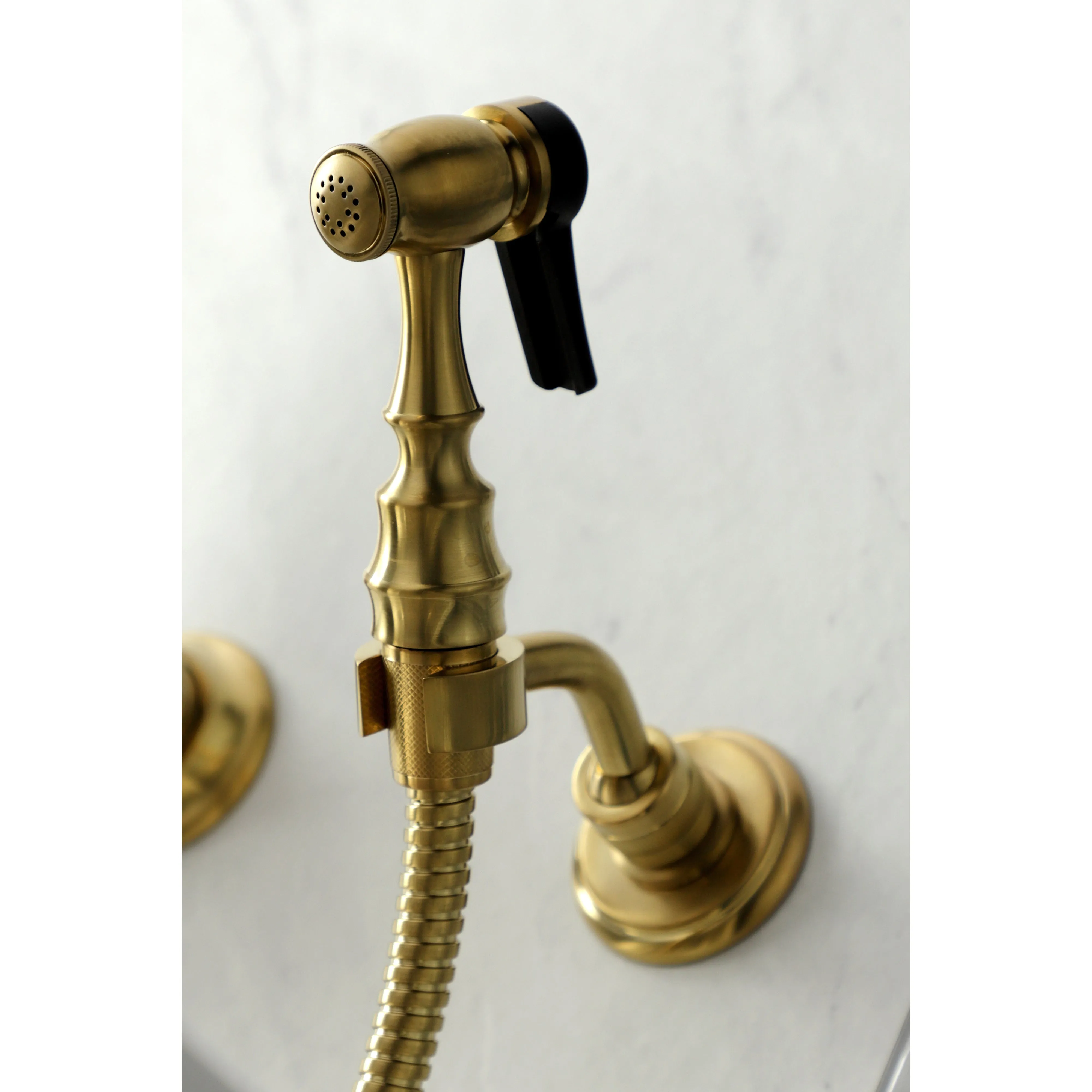 Heritage Wall Mount Bridge Kitchen Faucet with Brass Sprayer