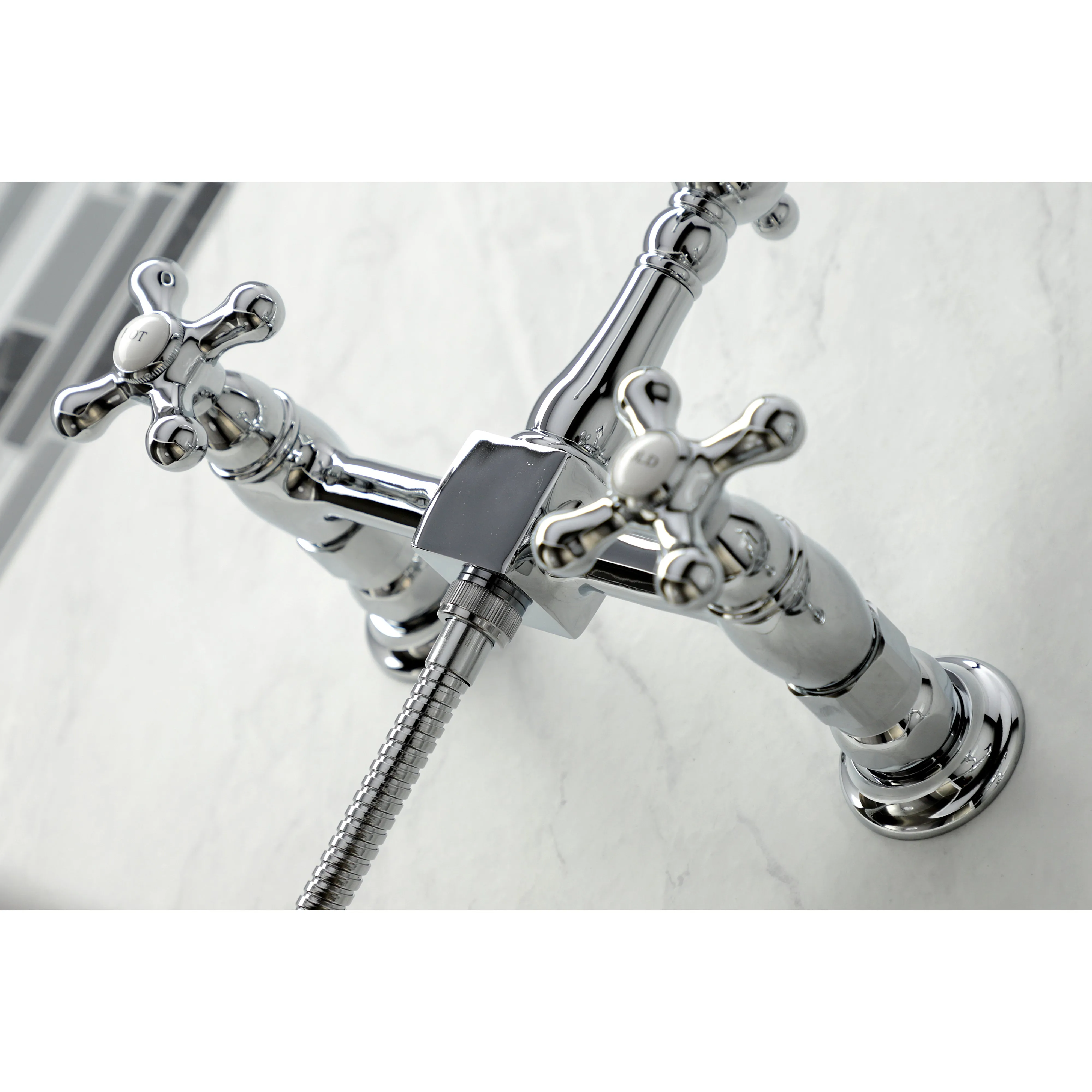 Heritage Wall Mount Bridge Kitchen Faucet with Brass Sprayer