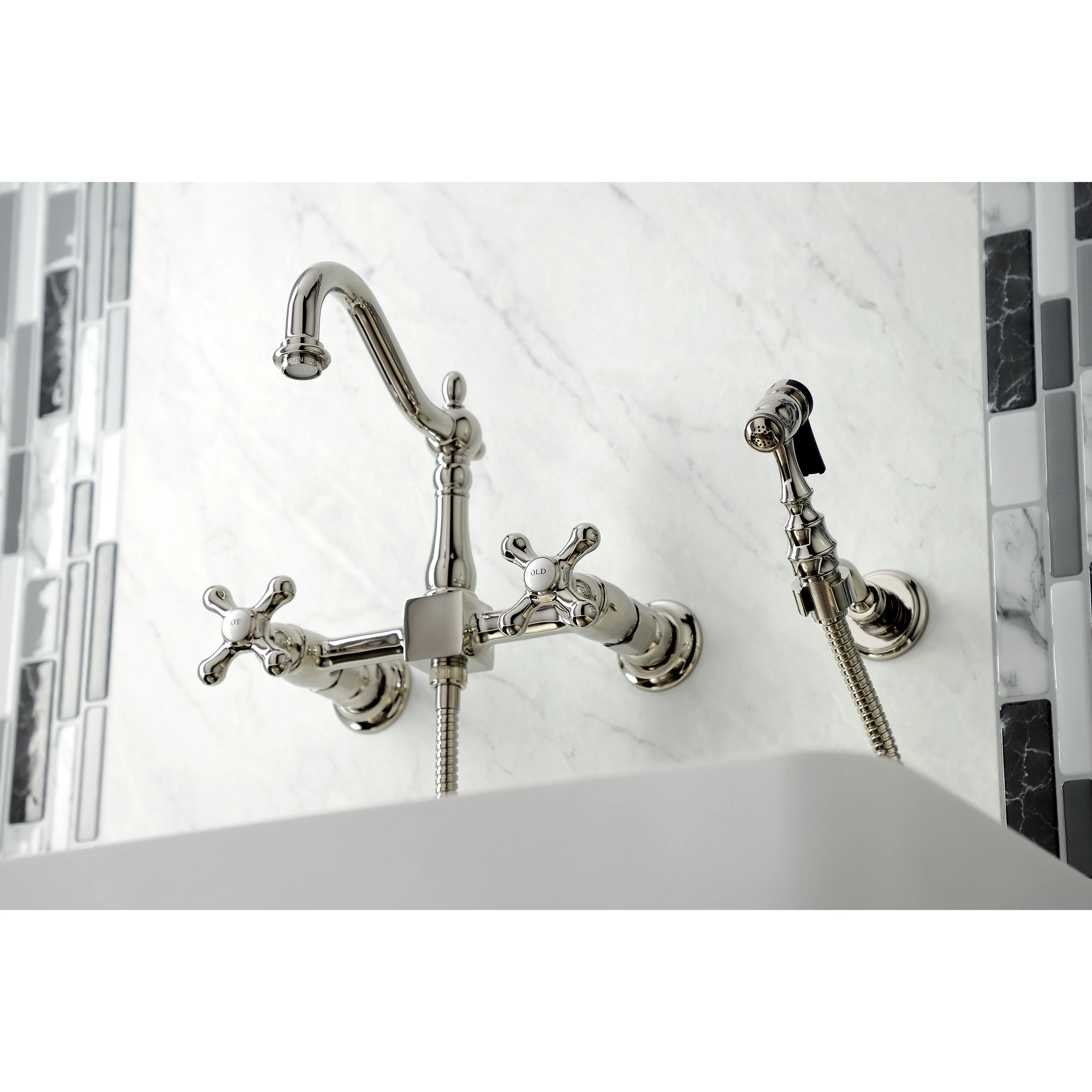 Heritage Wall Mount Bridge Kitchen Faucet with Brass Sprayer