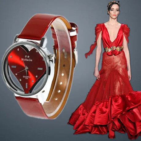 Hot Sell Vogue Watch Exquisite Peach Heart Design Casual Leather WristWatch Quartz Women Watch.Red&White&black Female Clock