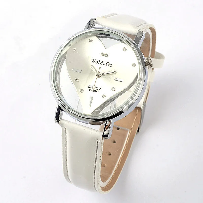 Hot Sell Vogue Watch Exquisite Peach Heart Design Casual Leather WristWatch Quartz Women Watch.Red&White&black Female Clock