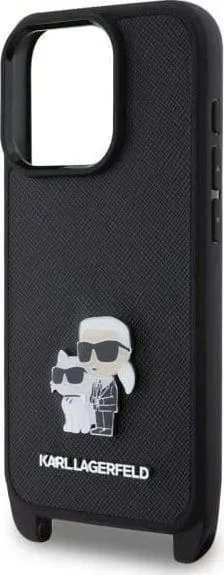 Karl Lagerfeld Saffiano Karl & Choupette Metal Pin Crossbody Strap Case for iPhone 16 Pro 6.3" Black - KLHCP16LSAKCPBK