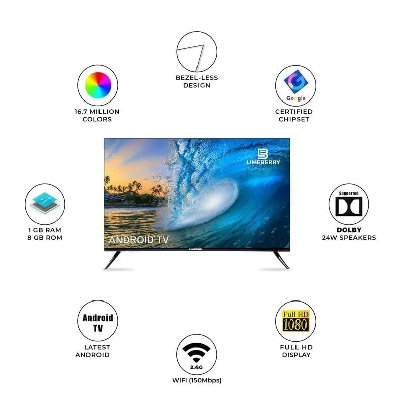 LIMEBERRY 109 cm (43 Inch) Frameless Full HD Smart QLED LED TV, Android 11, Inbilt Dolby Sound, Black (LB431CN6)