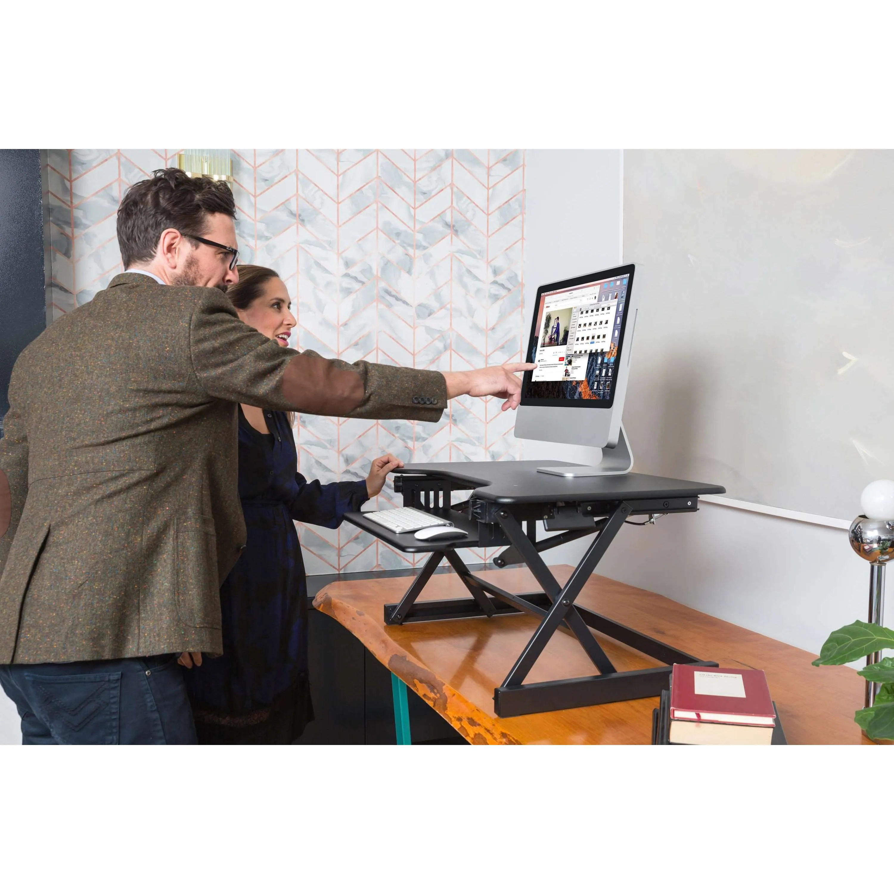 Lorell/Rocelco 40” Height-Adjustable Standing Desk Converter, Dual Monitor Riser, Gas Spring,Retractable Keyboard Tray, R DADRB-40/DADRW-40/DADRT-40