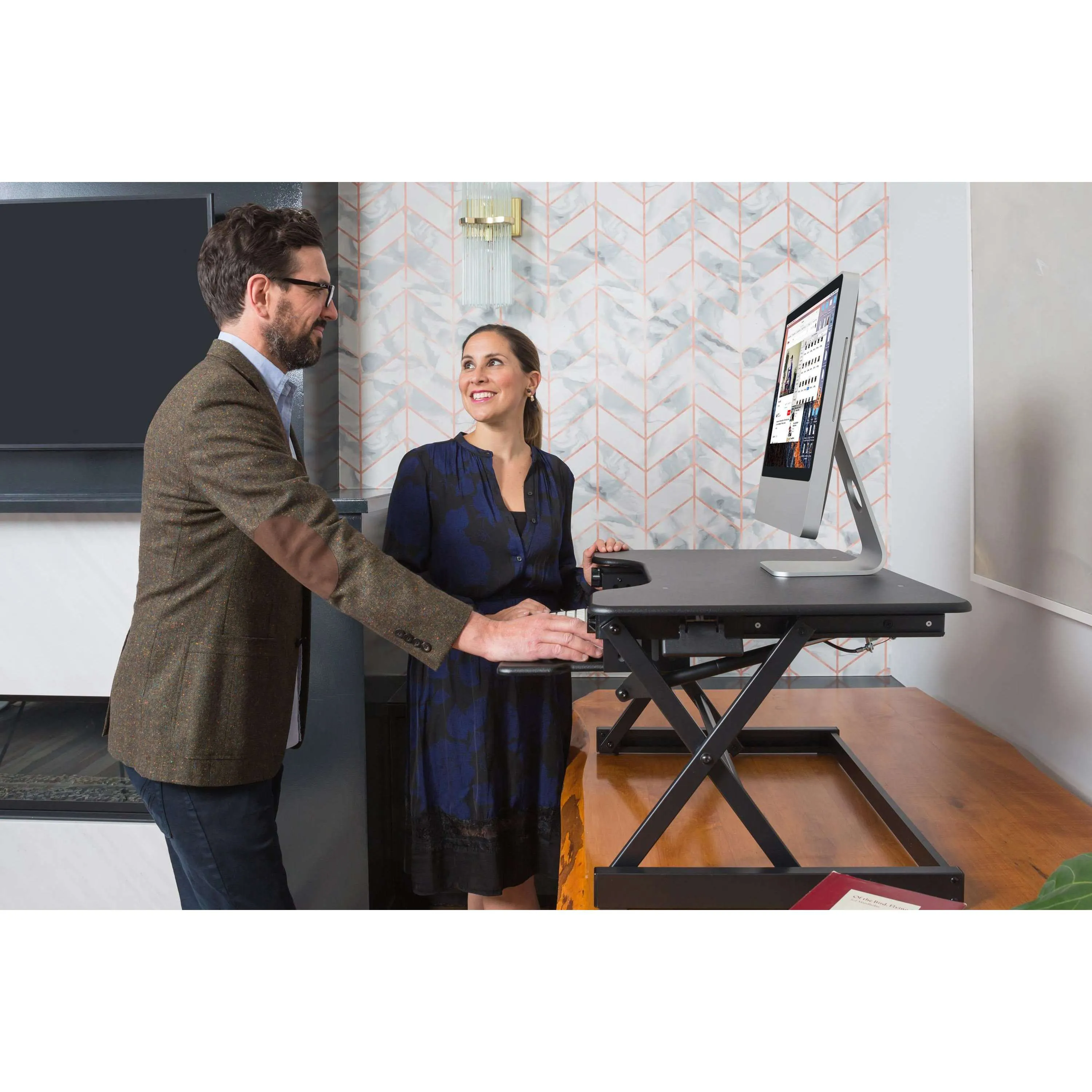 Lorell/Rocelco 40” Height-Adjustable Standing Desk Converter, Dual Monitor Riser, Gas Spring,Retractable Keyboard Tray, R DADRB-40/DADRW-40/DADRT-40