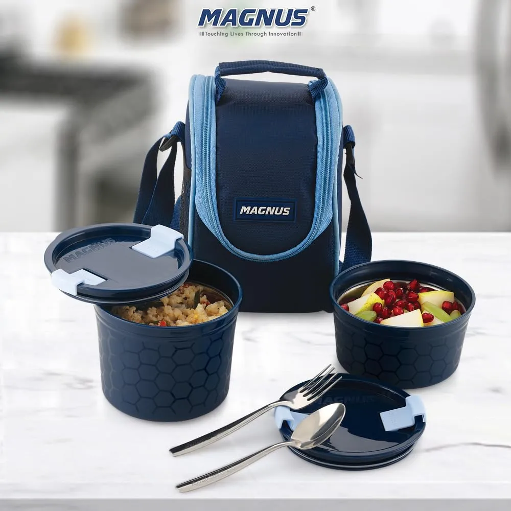 Magnus Opal-2 Microwave Steam Lock Stainless Steel Lunch Box Set - Leak-Proof Lunch Box for Kids, Men, Women | 350ml x 2 Tiffin Containers with Bag | Lunch Boxes for Office Men - Blue