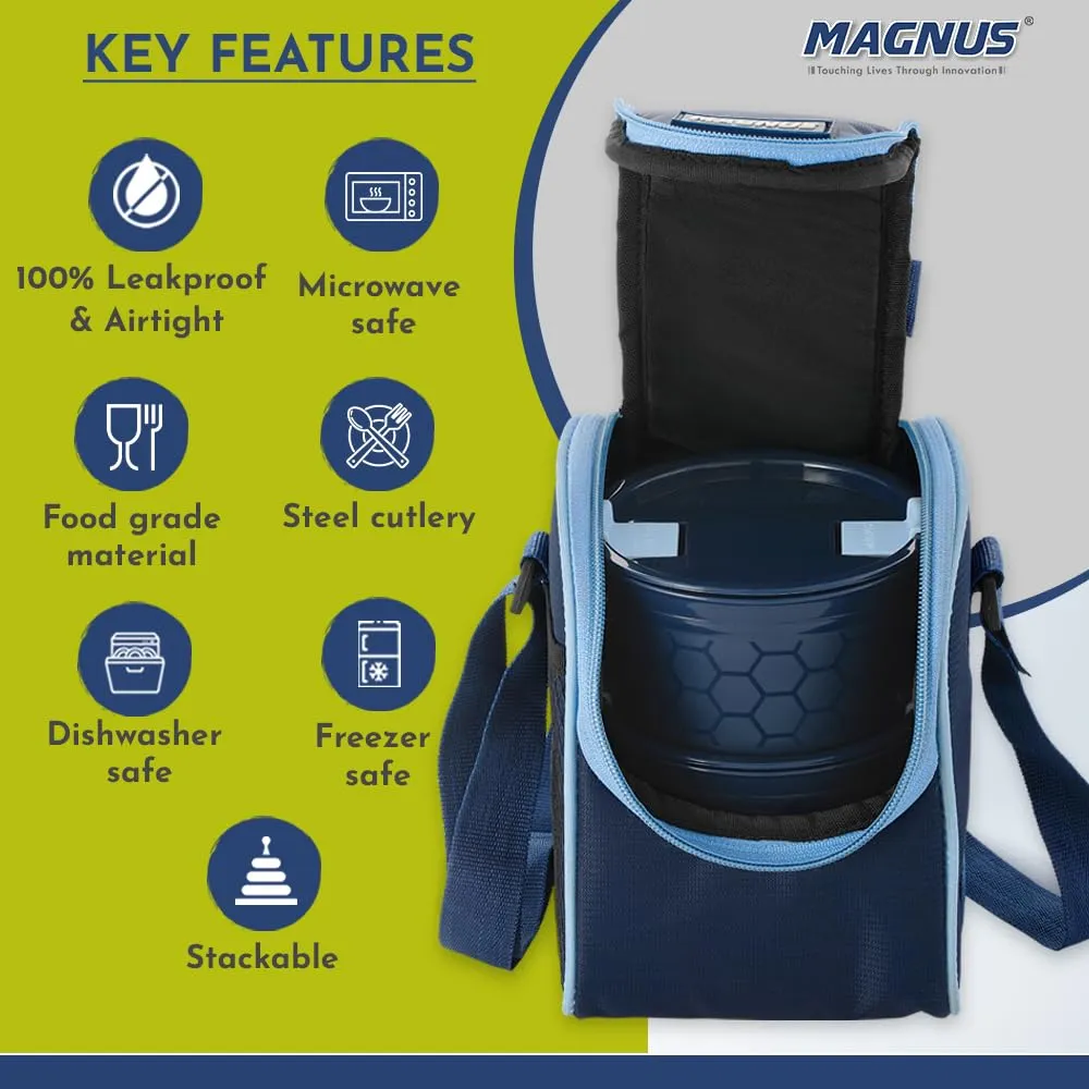 Magnus Opal-2 Microwave Steam Lock Stainless Steel Lunch Box Set - Leak-Proof Lunch Box for Kids, Men, Women | 350ml x 2 Tiffin Containers with Bag | Lunch Boxes for Office Men - Blue