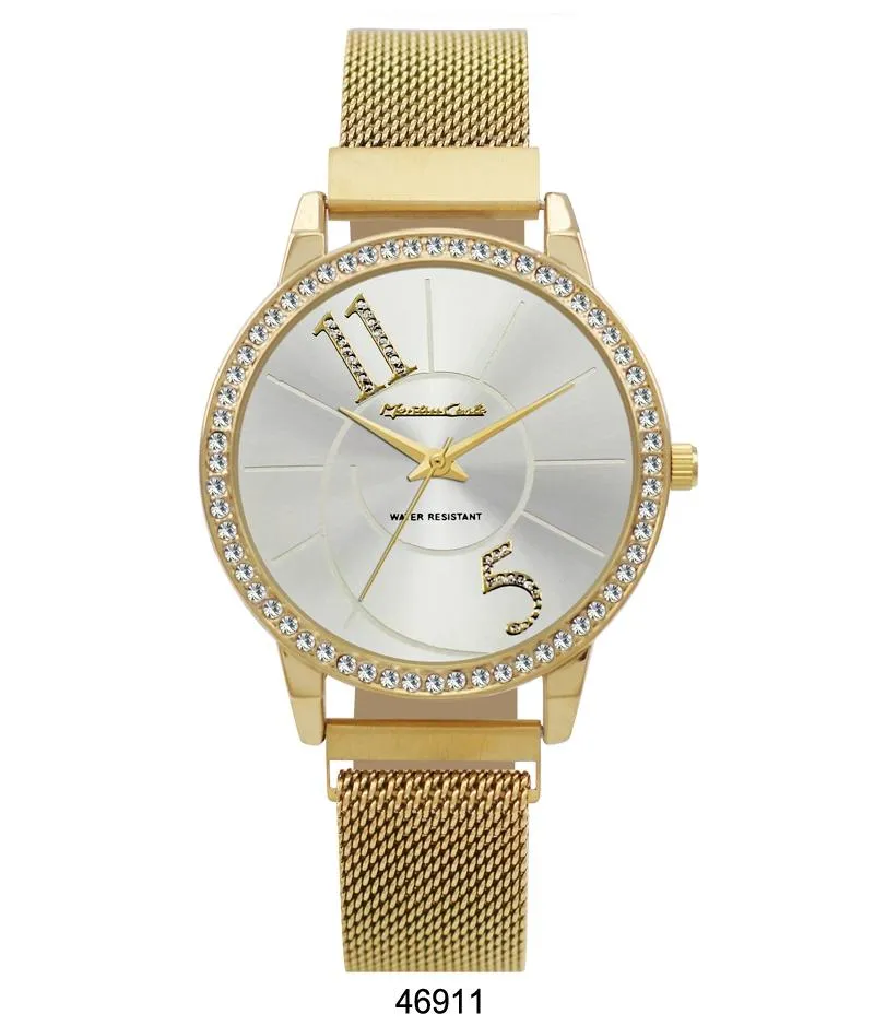 Montres Carlo Gold Stainless Steel Mesh Band Watch with Magnetic Strap and Silver Dial