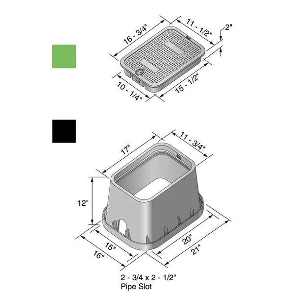 NDS - 113BC - STD 14"x19"x12" Box and Overlapping Lid, Green Lid/ Black Body