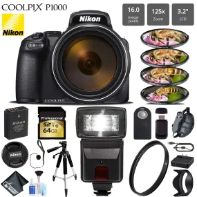 Nikon COOLPIX P1000 Digital Camera 16MP 125x Optical Zoom & Build in Wi-Fi   Slave Flash   Macro Filter Kit   UV Protection Filter   Wireless Remote   Tripod - (Intl Model)