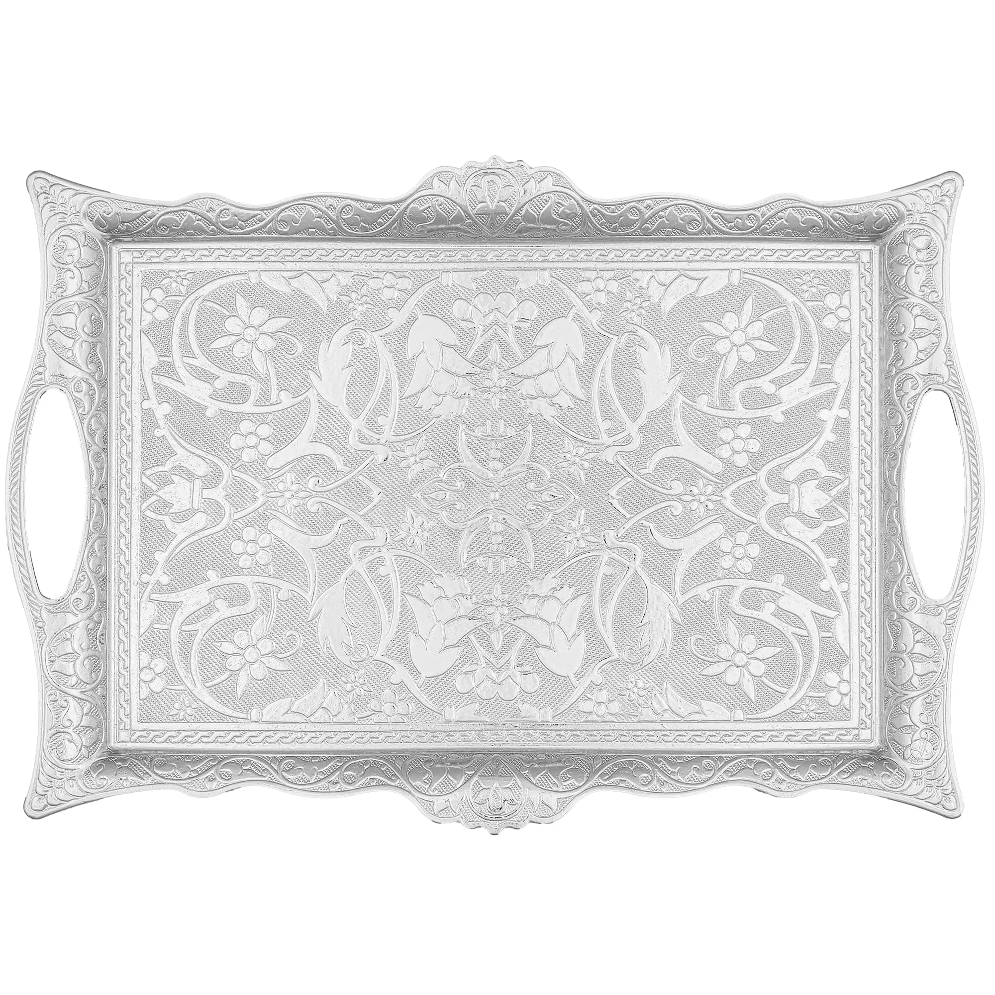 Ottoman Turkish Zamak Silver Serving Tray with Traditional Motifs