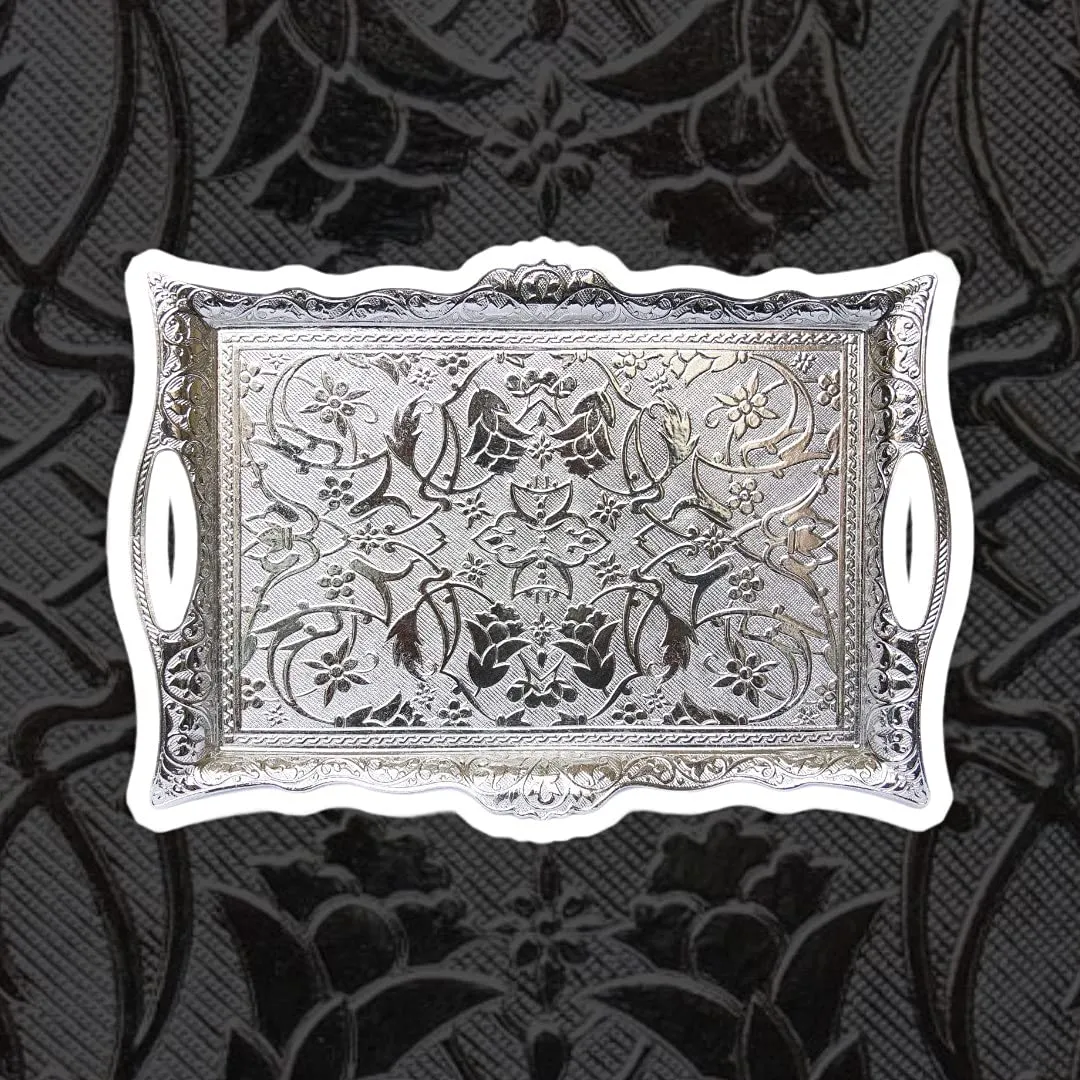 Ottoman Turkish Zamak Silver Serving Tray with Traditional Motifs