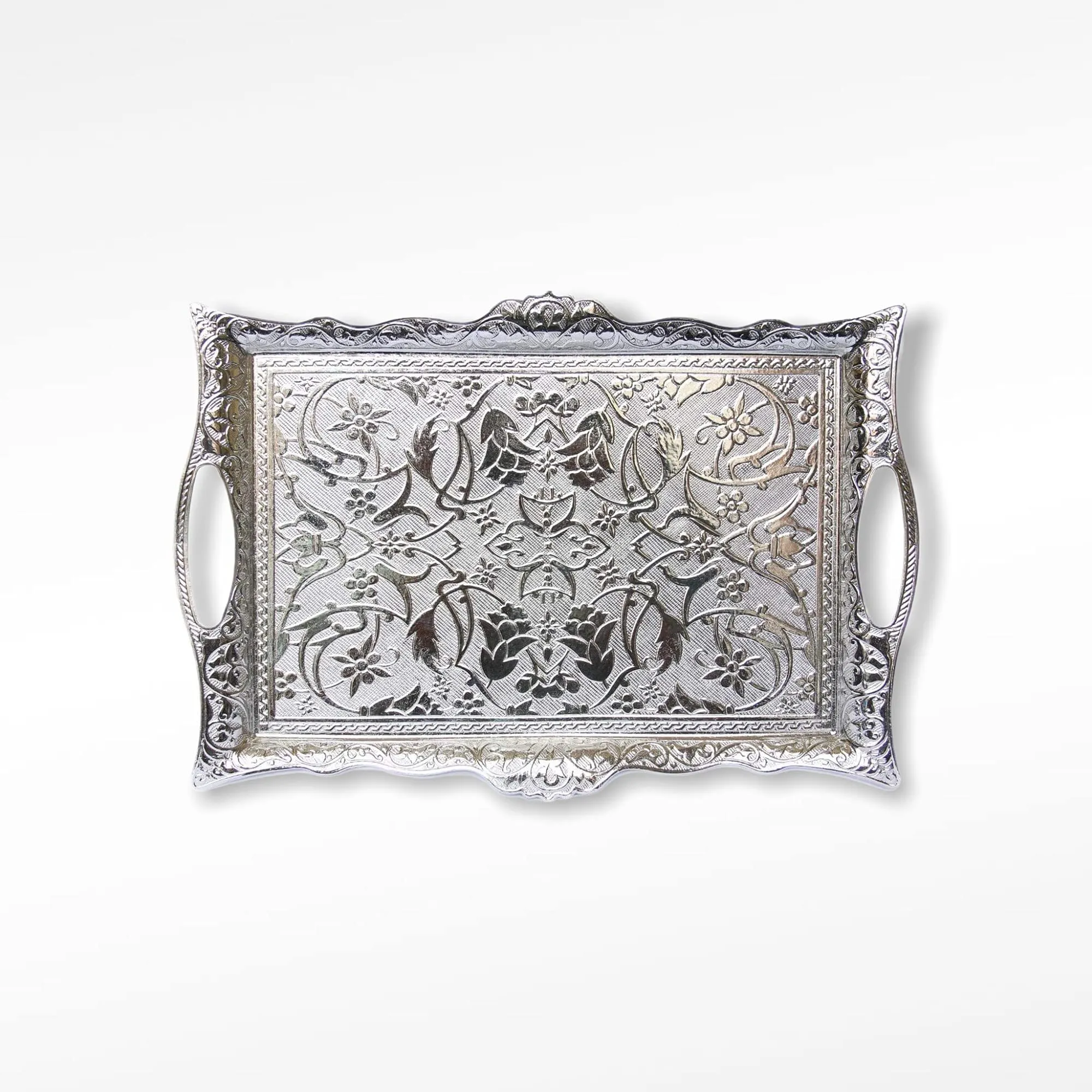 Ottoman Turkish Zamak Silver Serving Tray with Traditional Motifs