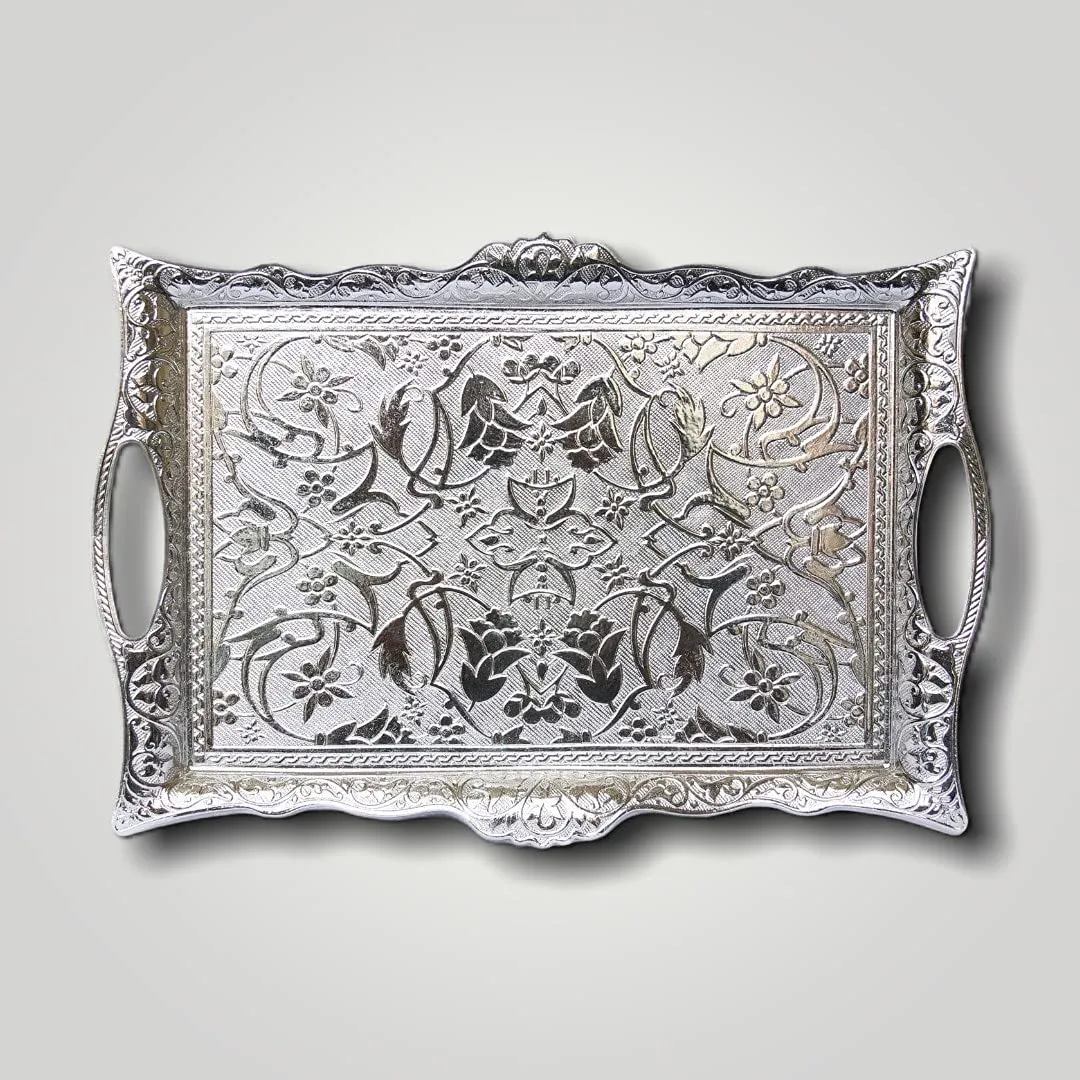 Ottoman Turkish Zamak Silver Serving Tray with Traditional Motifs